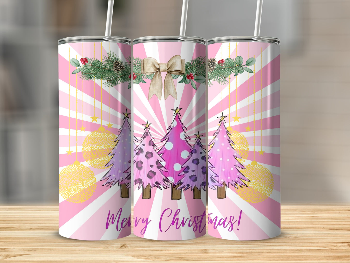 Pink Christmas Themed Tumbler with Festive Design