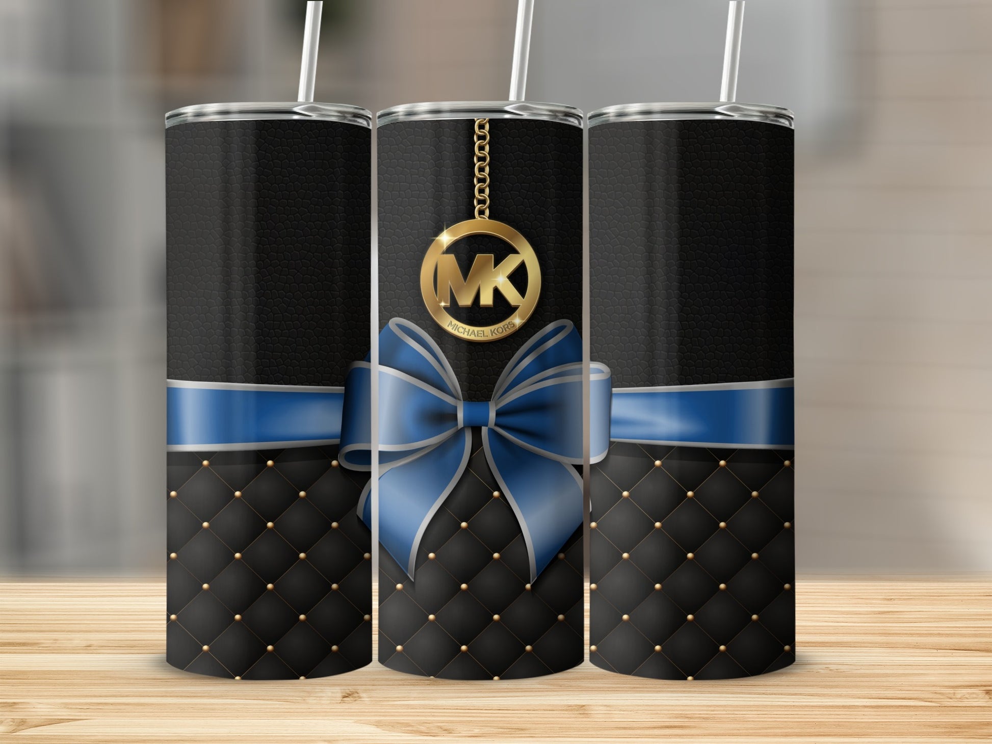 Elegant Black Gold Tumbler with Blue Ribbon Detail