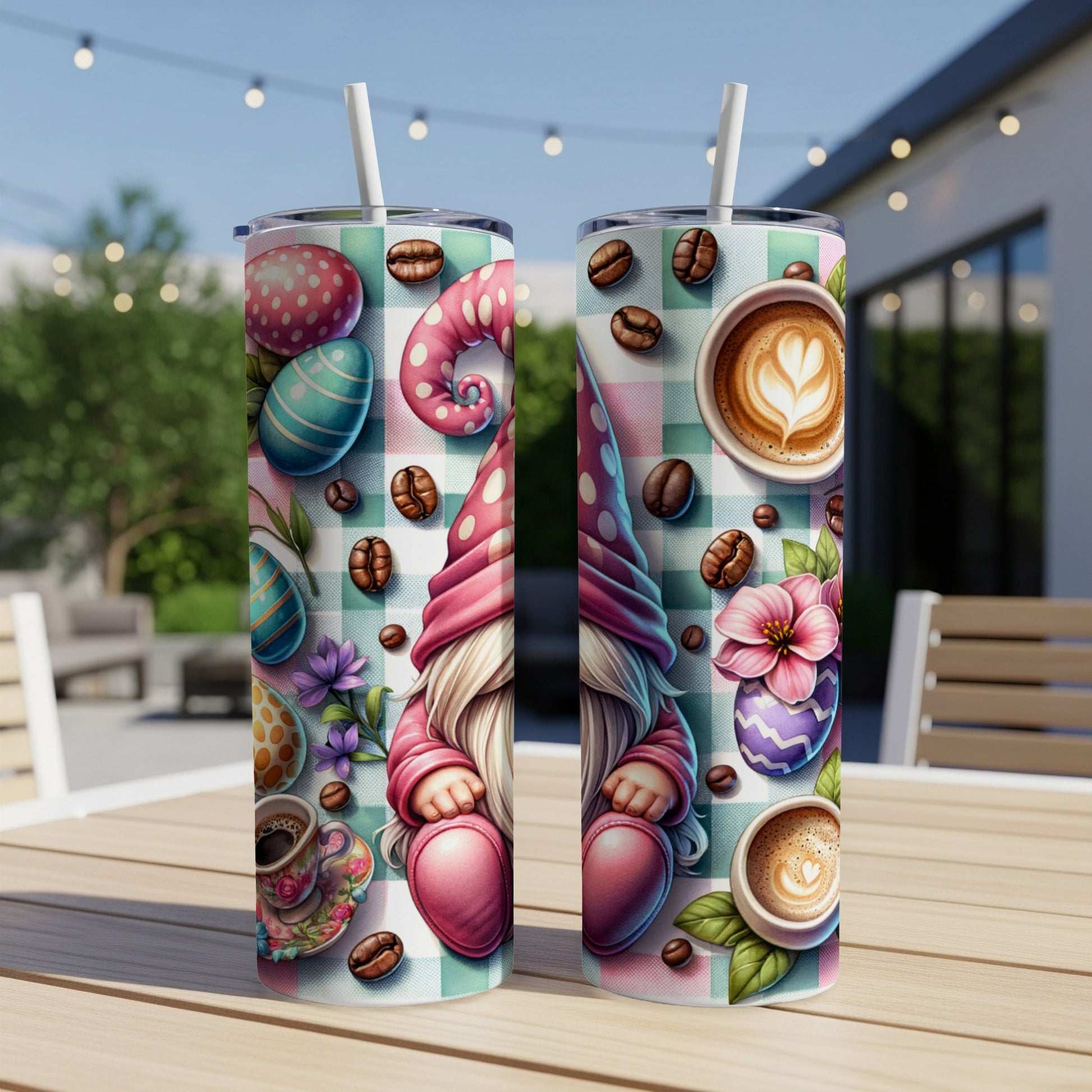 Two colorful tumblers with Easter and coffee designs on a checkered background.