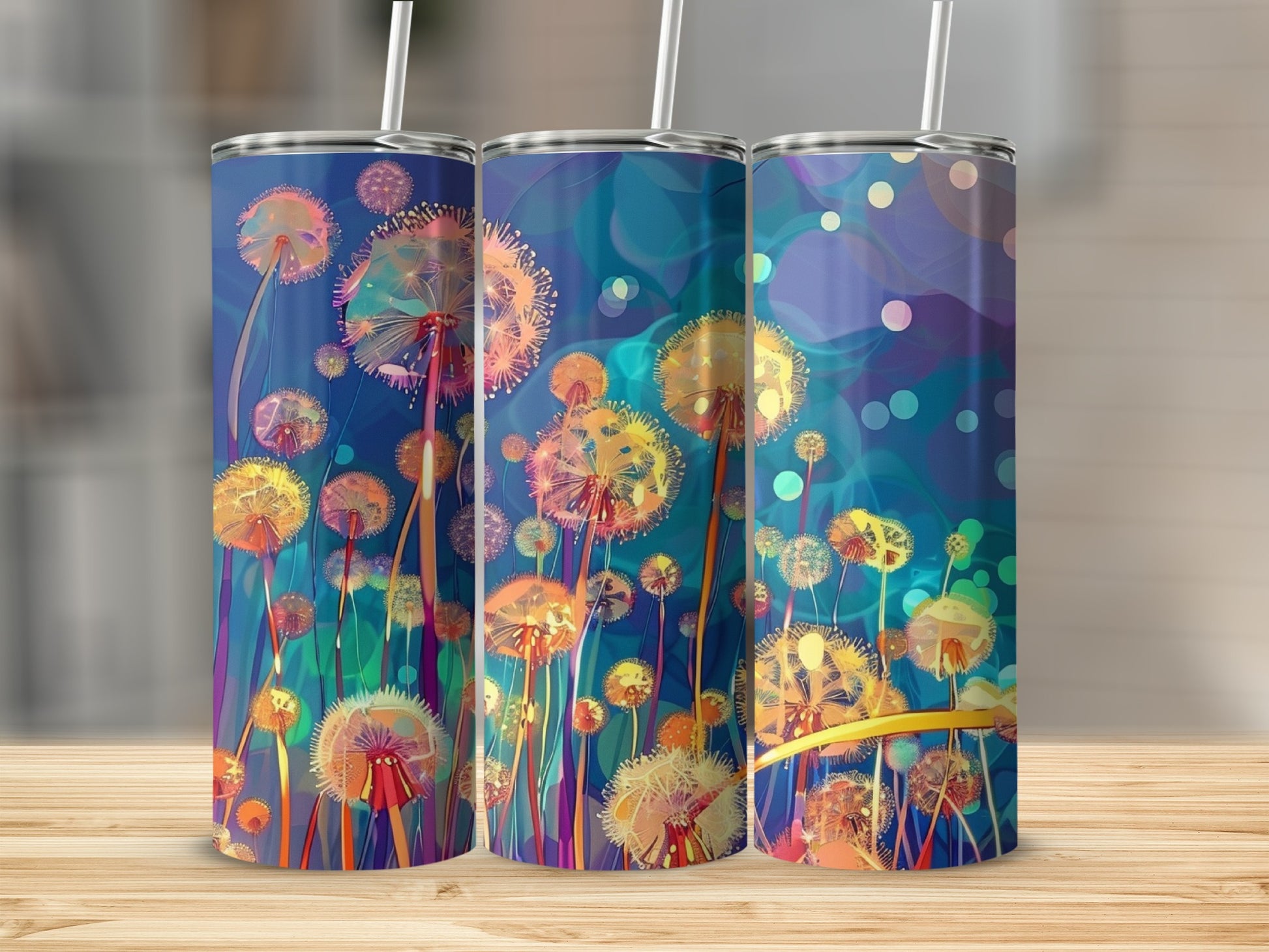 Three tumblers with a glowing dandelion seed head design on a blurred blue background.