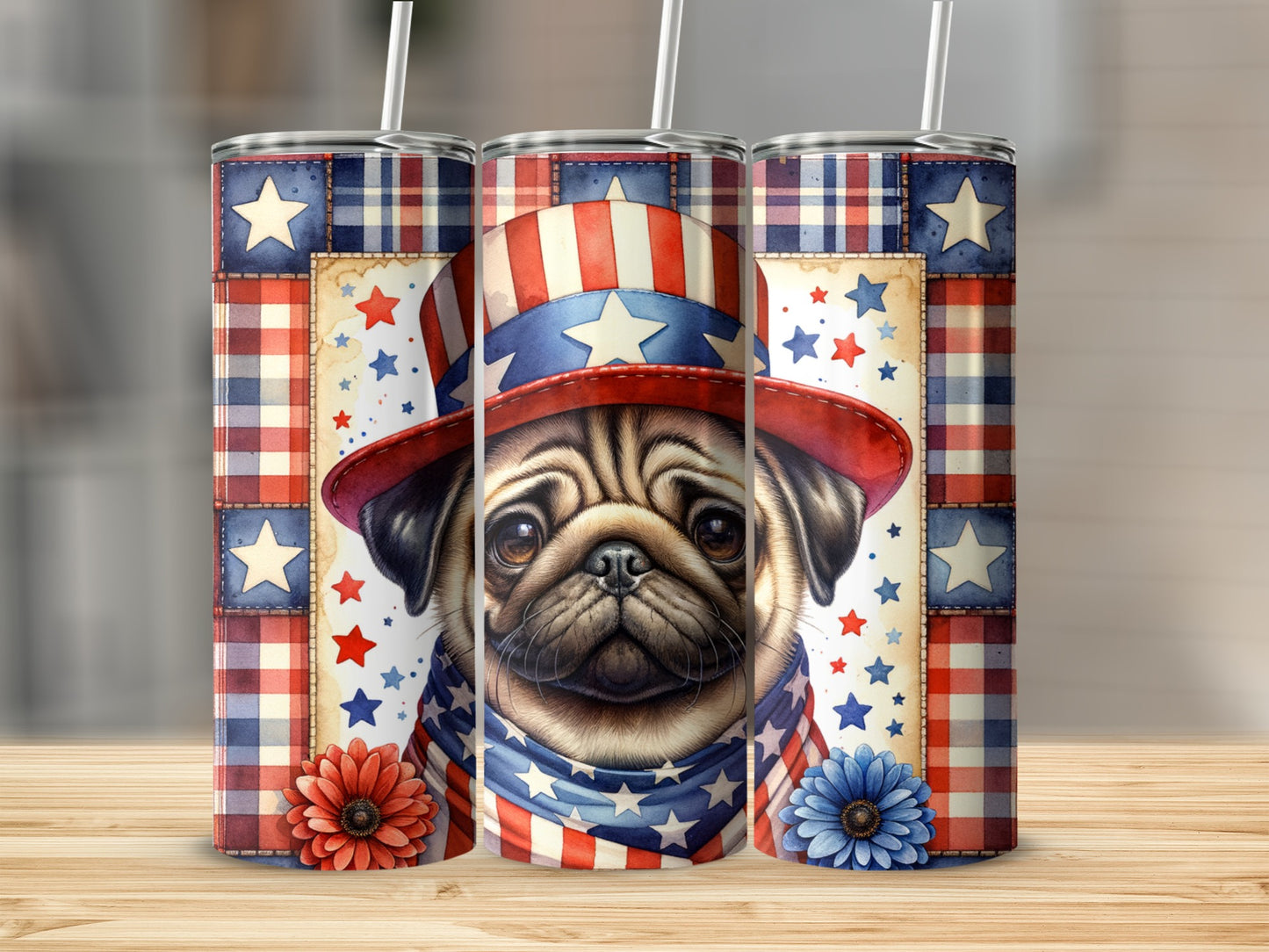Pug wearing a patriotic hat and scarf, surrounded by stars and plaid.