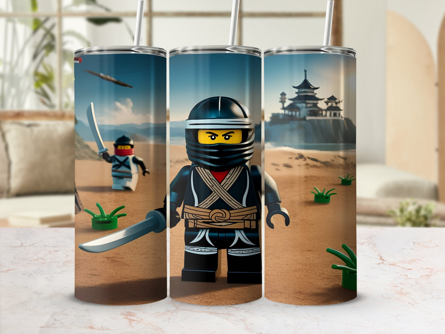 Ninja warrior figure with sword and black mask on sandy landscape.