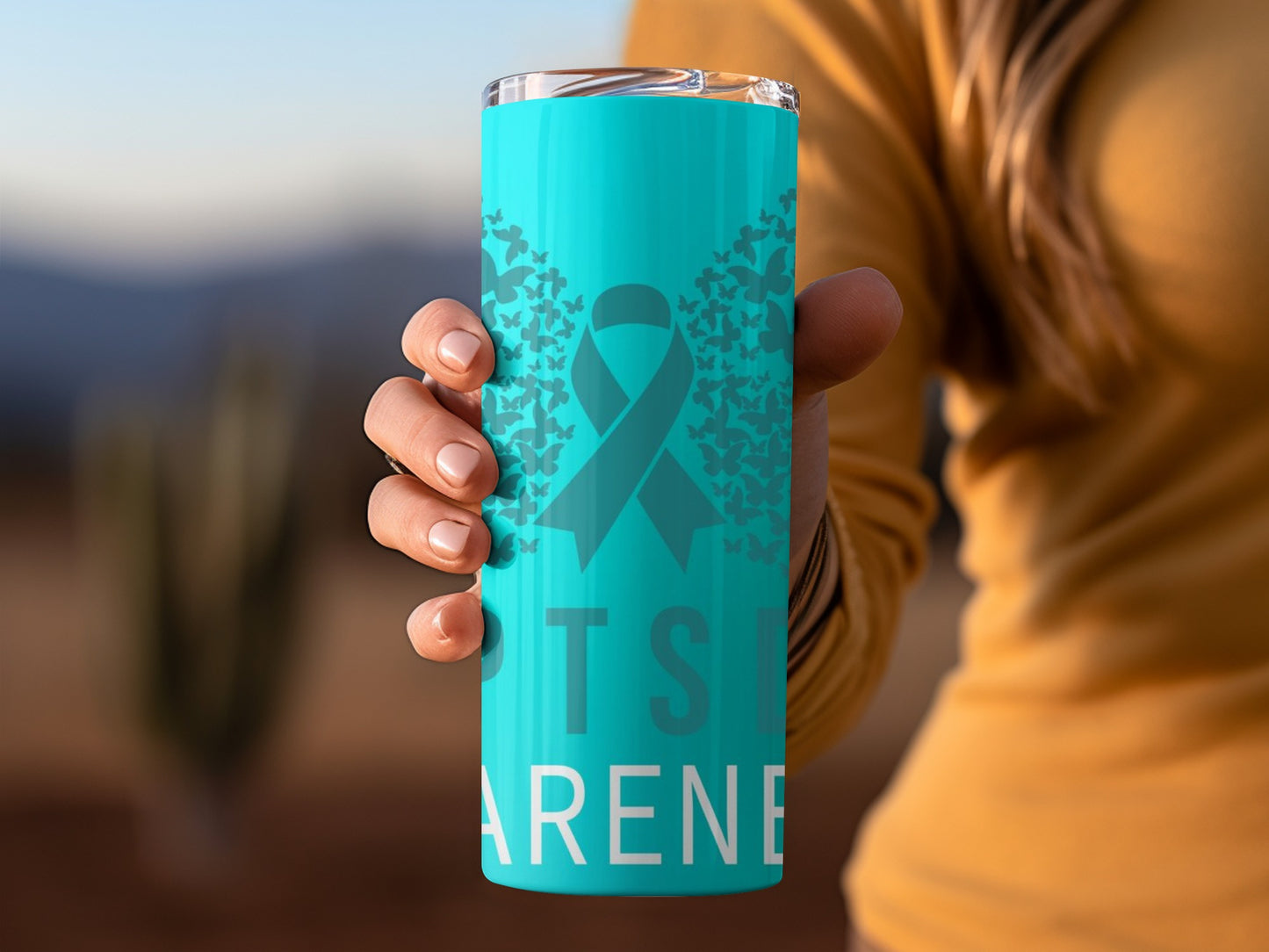 PTSD Awareness Turquoise Tumbler with Butterfly Design
