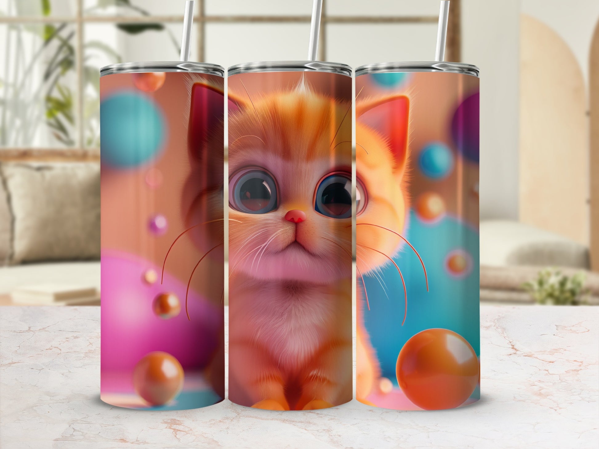 Orange kitten face on a tumbler with bokeh background.