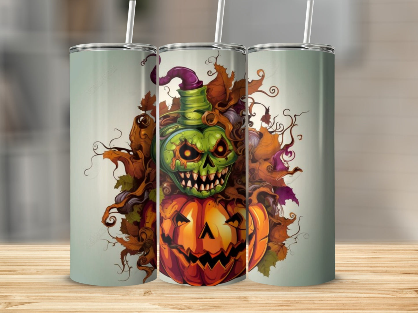 Spooky Green Skull Pumpkin Halloween Tumbler Cup