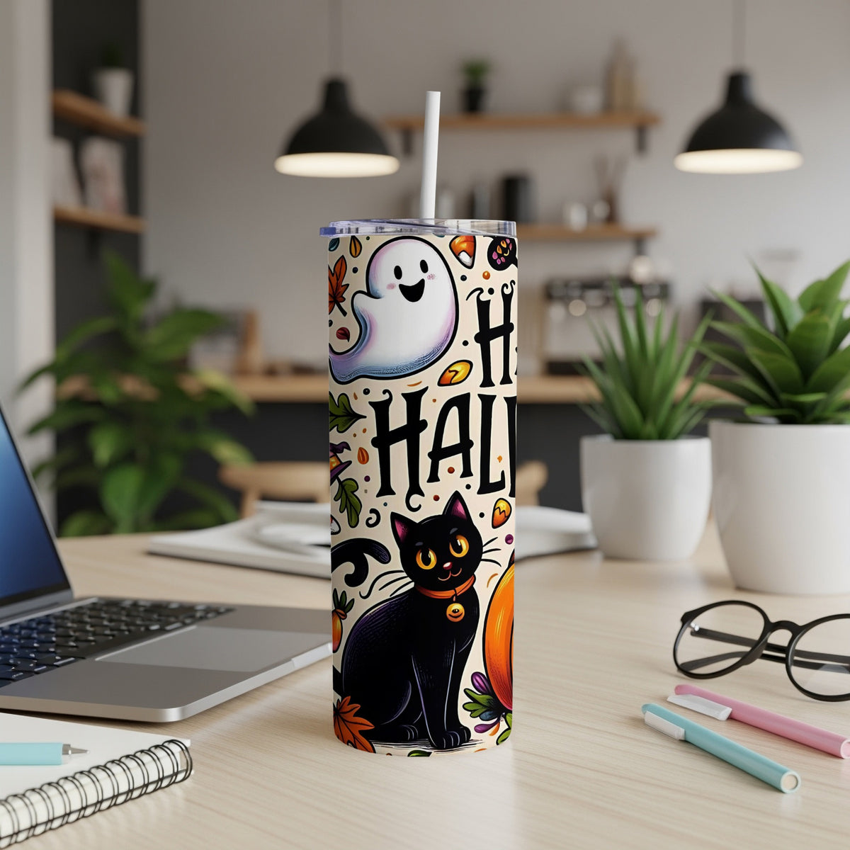 Tumbler with Halloween design featuring a black cat, ghost, and pumpkin.