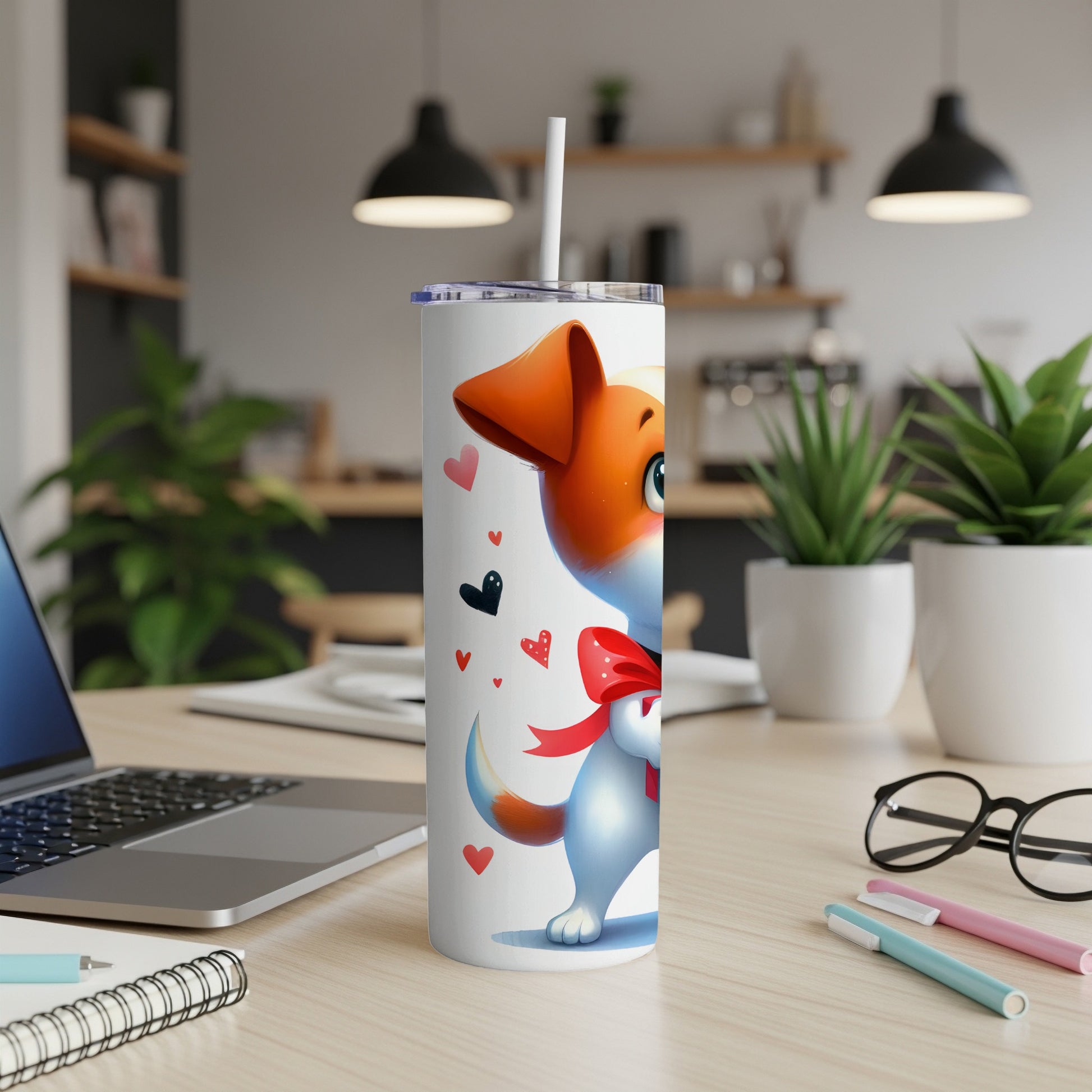 White tumbler with cartoon dog wearing red bow tie and heart designs.