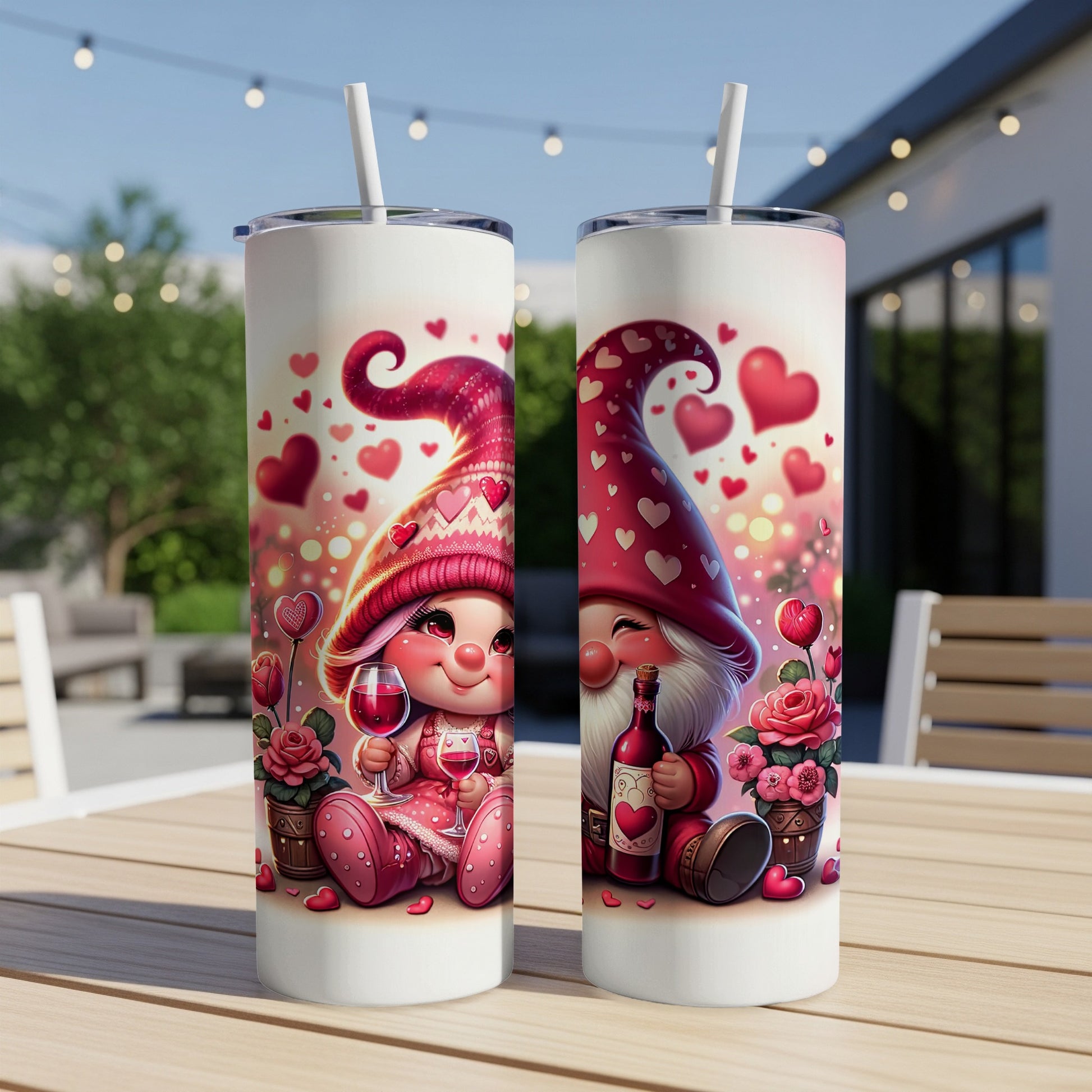Valentine's Day gnome with wine and hearts on a tumbler.