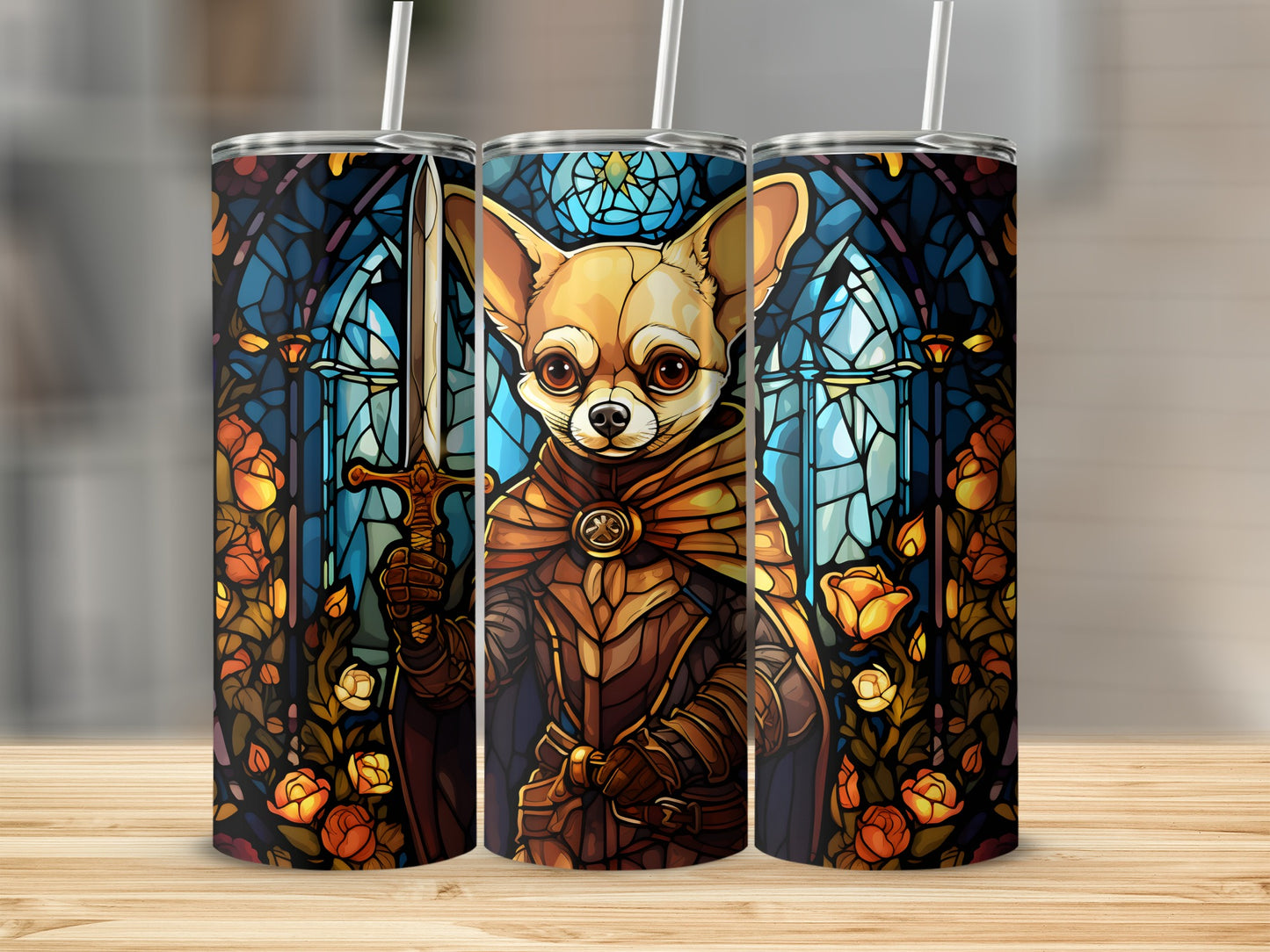 Chihuahua knight in stained glass, holding a sword, with roses.