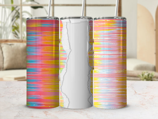 Three tumblers with colorful abstract brushstroke designs and torn paper overlay.