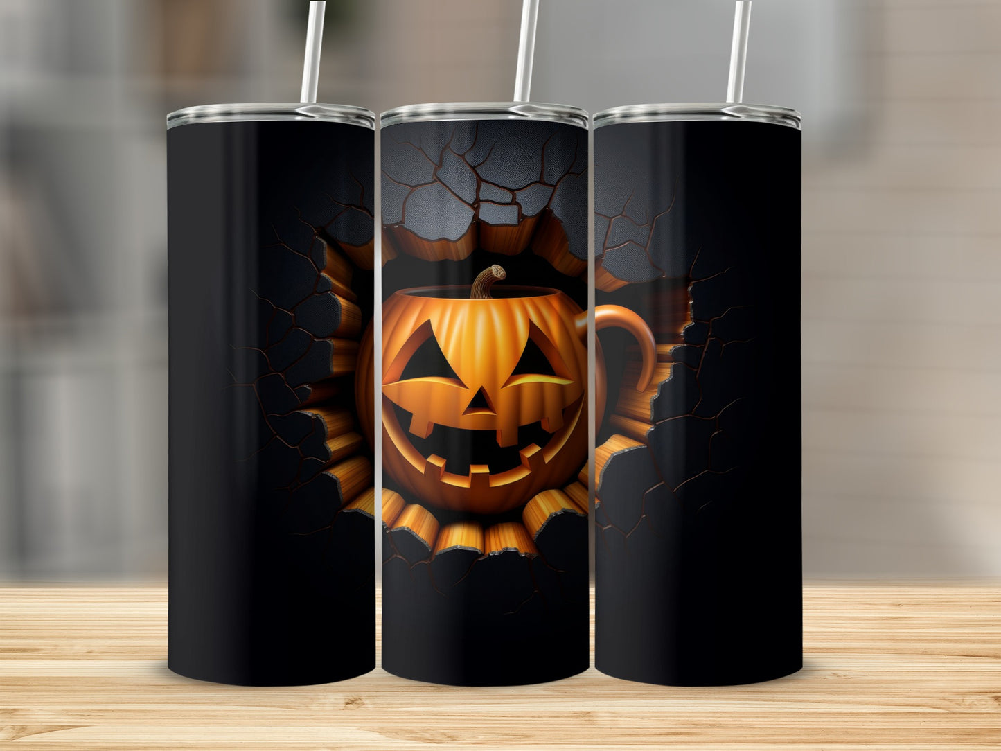 Three tumblers featuring a cracked black design with a carved jack-o'-lantern peeking through.