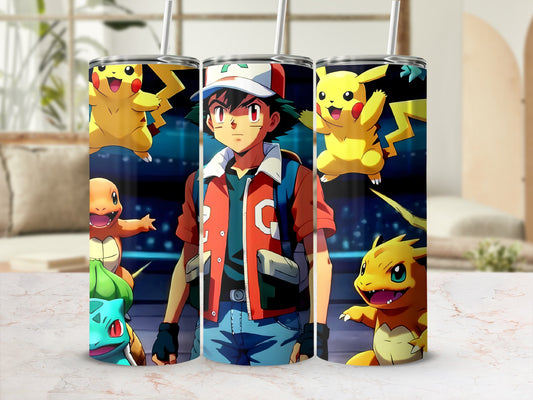 Ash and Pikachu Themed Tumbler with Straw Drinkware