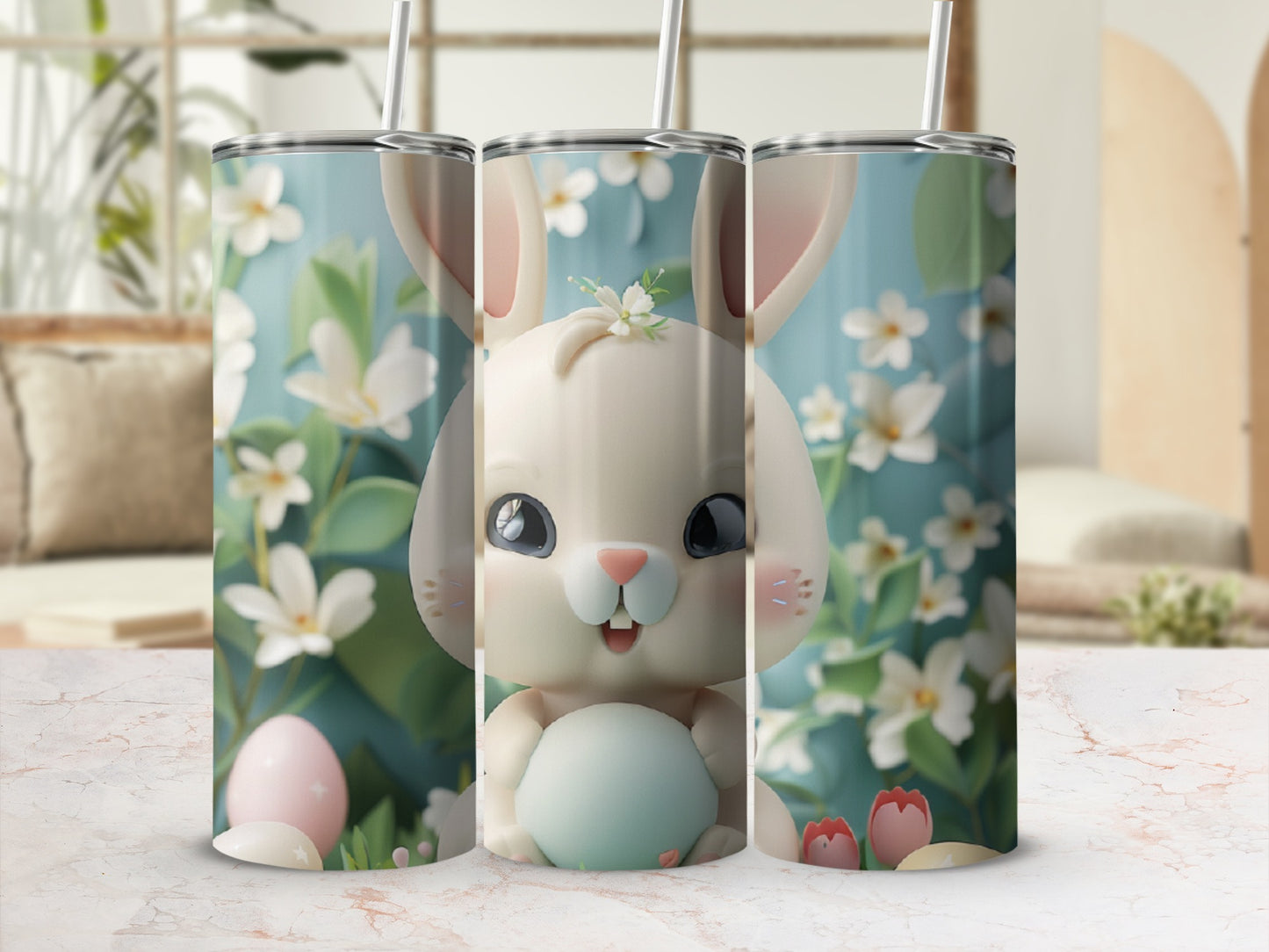 Cream bunny holding pastel egg with floral background on tumblers.