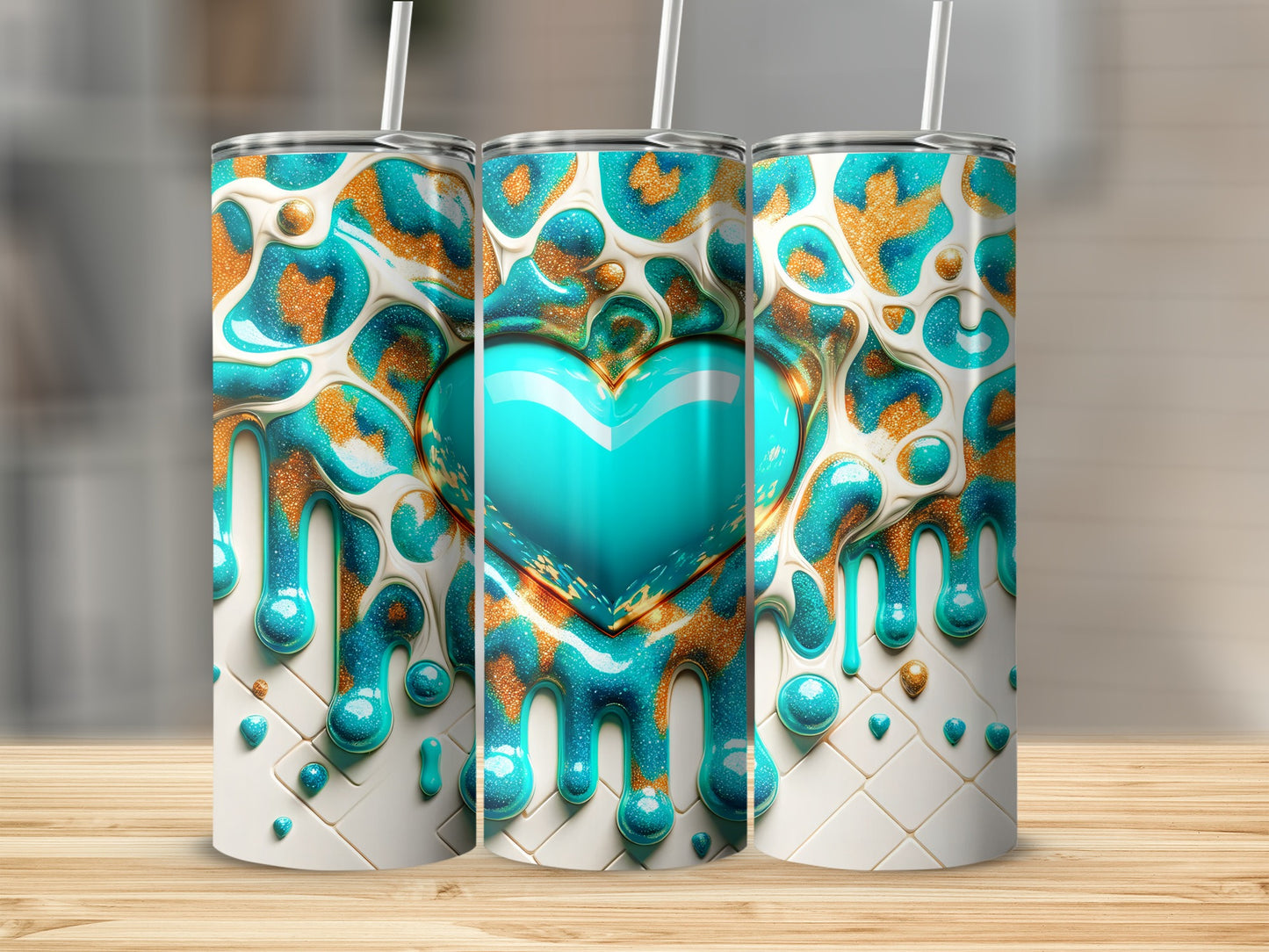 Aqua Heart and Gold Flowing Sweetness Design Tumblers