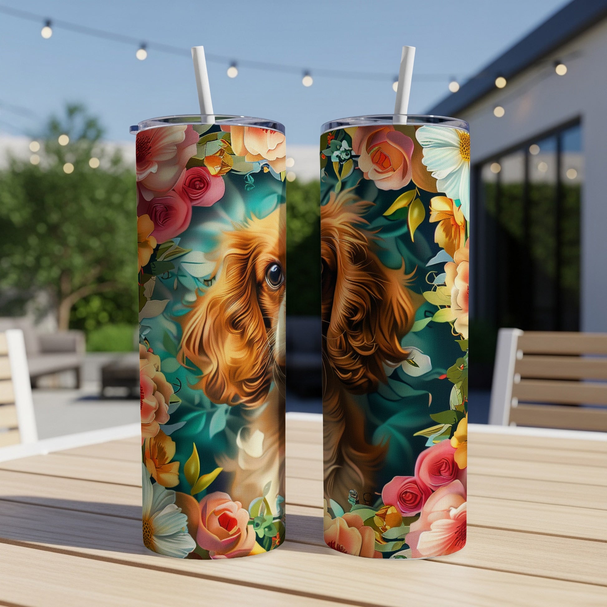 Golden retriever puppy surrounded by colorful flowers on a skinny tumbler.