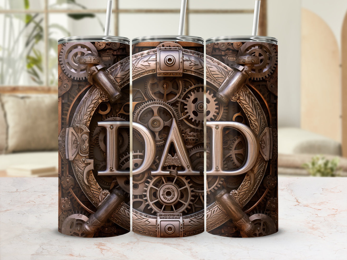 Steampunk tumbler with "DAD" inscribed in gears and metallic details.