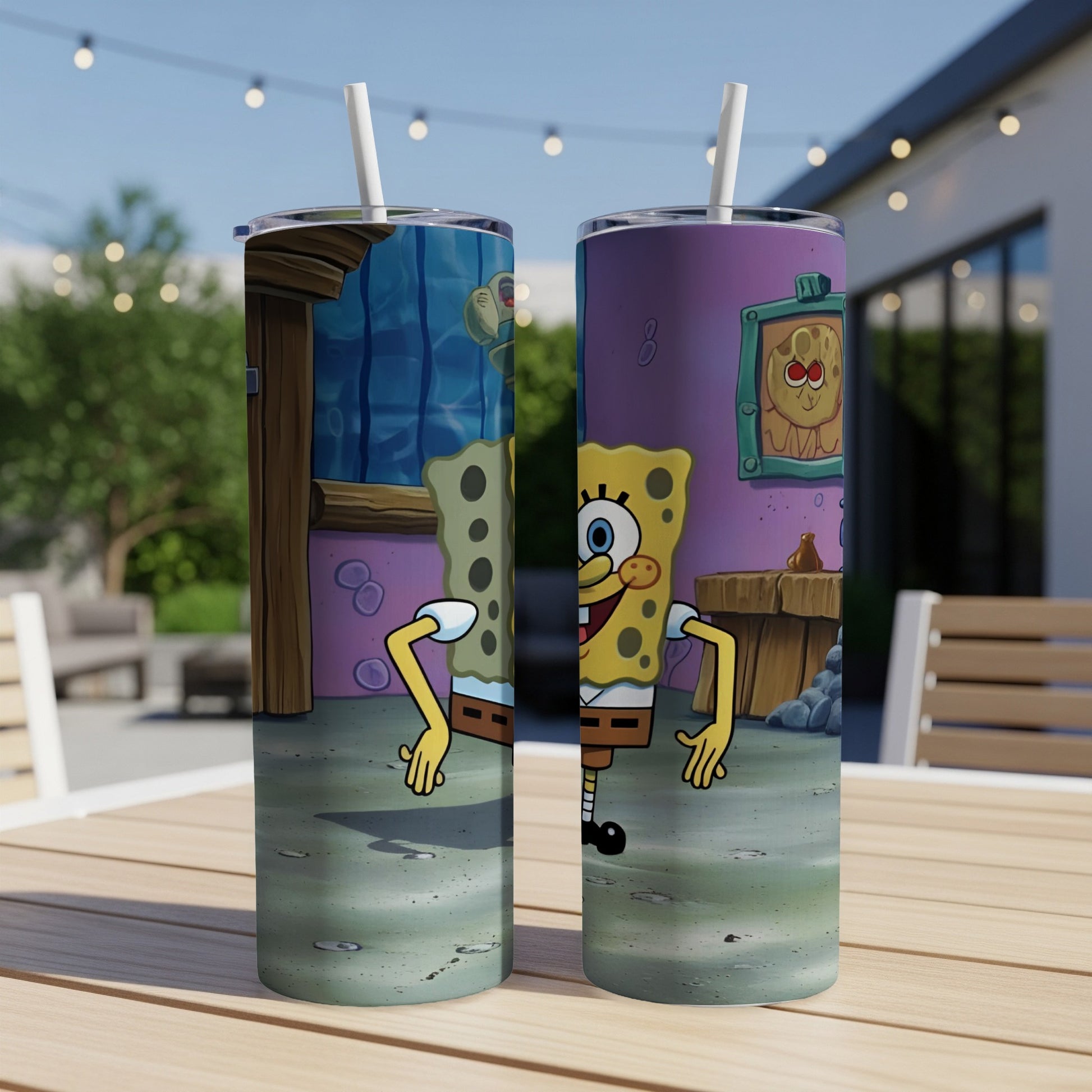 SpongeBob SquarePants character on two tumblers with cartoonish underwater background.