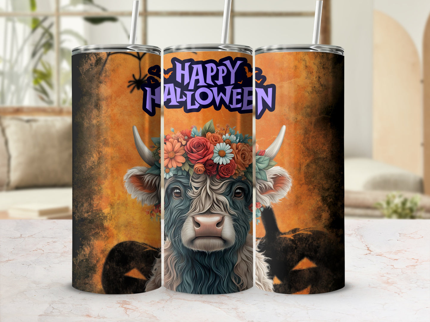 Halloween Cow with Floral Crown and Spider Design Tumbler