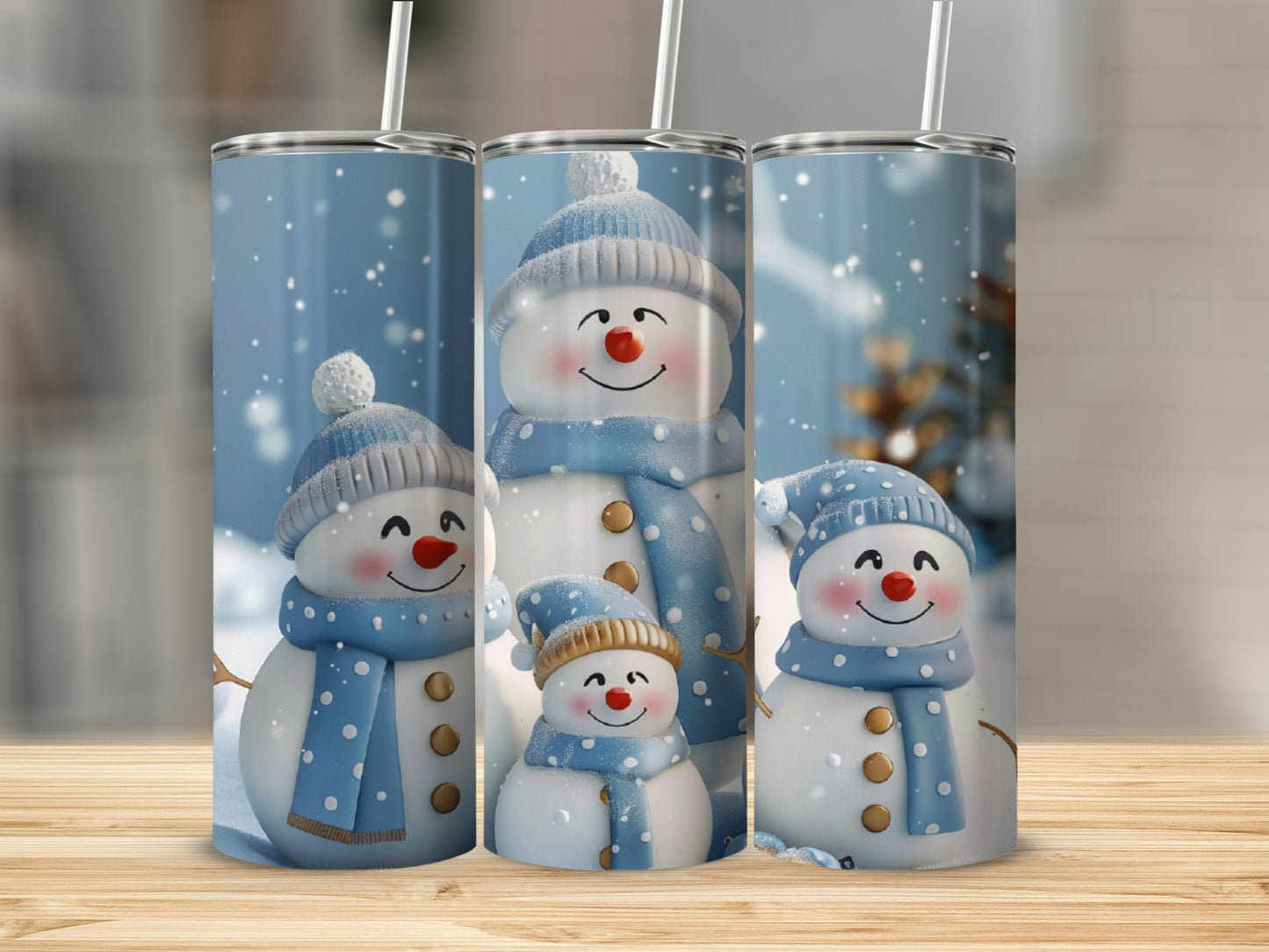Three snowmen with blue scarves and hats on a snowy background.