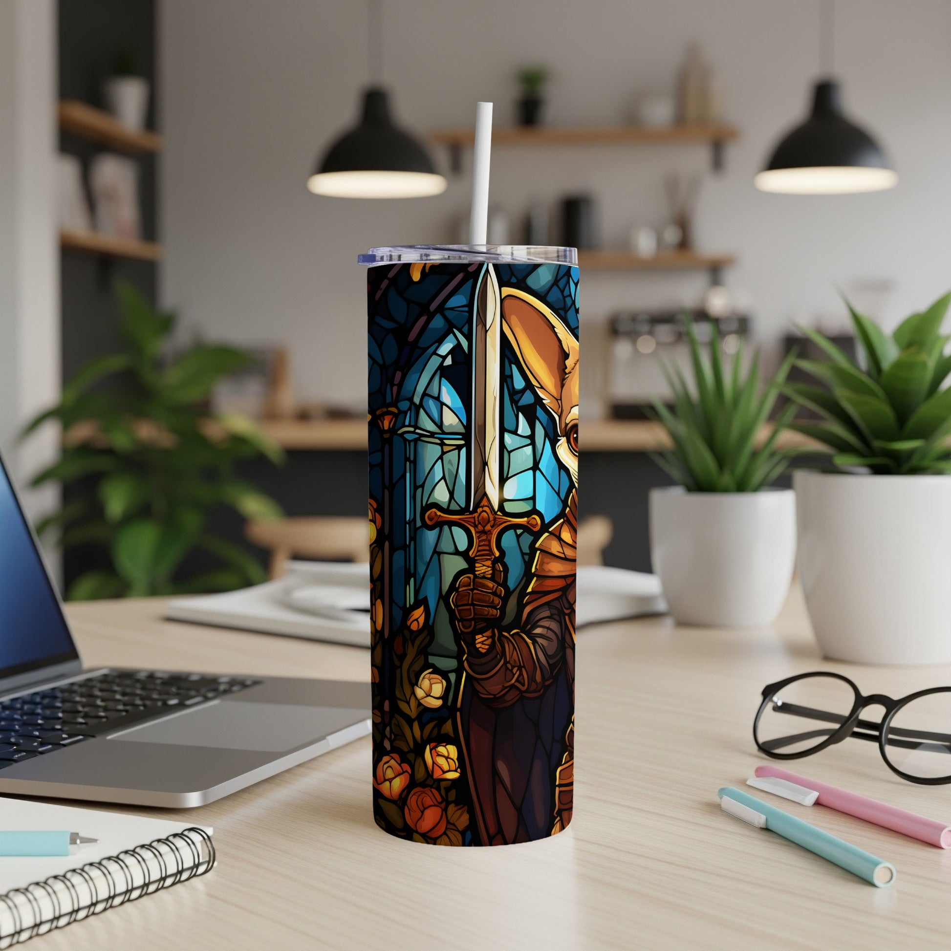 Tumbler with stained-glass knight holding a sword design.