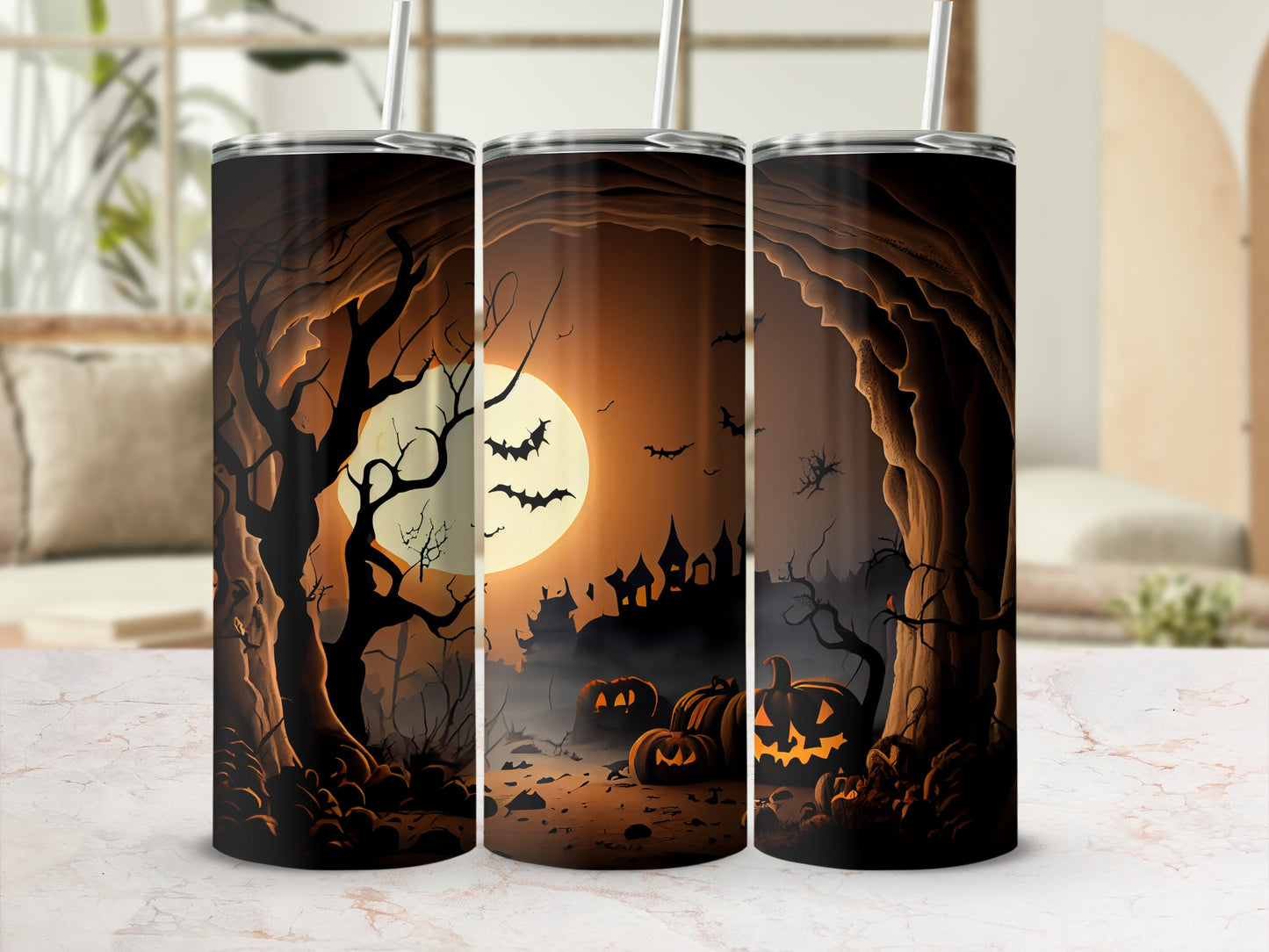 Three tumblers with a spooky Halloween forest scene and jack-o'-lanterns.