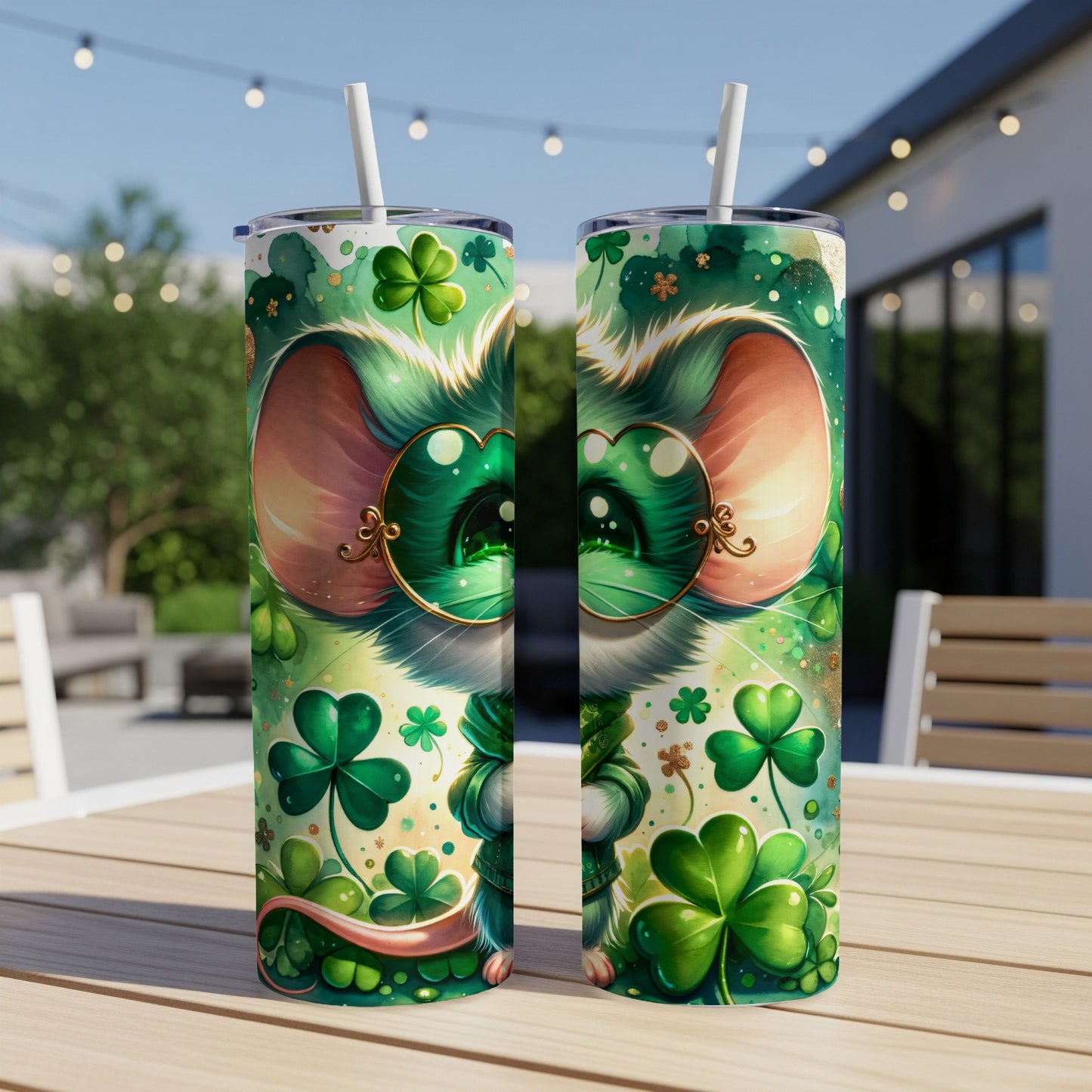 Two tumblers featuring a cute, green cartoon mouse with shamrocks and gold accents.
