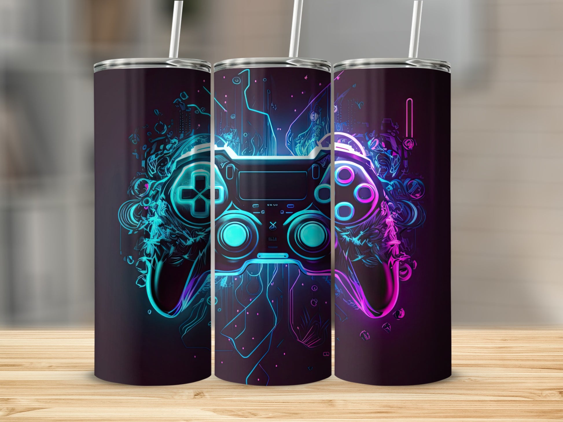 Vibrant Neon Gaming Controller Design Tumbler Cup