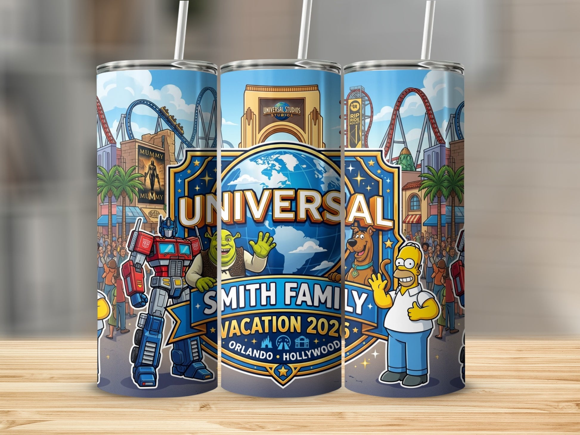Universal Studios tumbler featuring Optimus Prime, Shrek, and Homer Simpson.