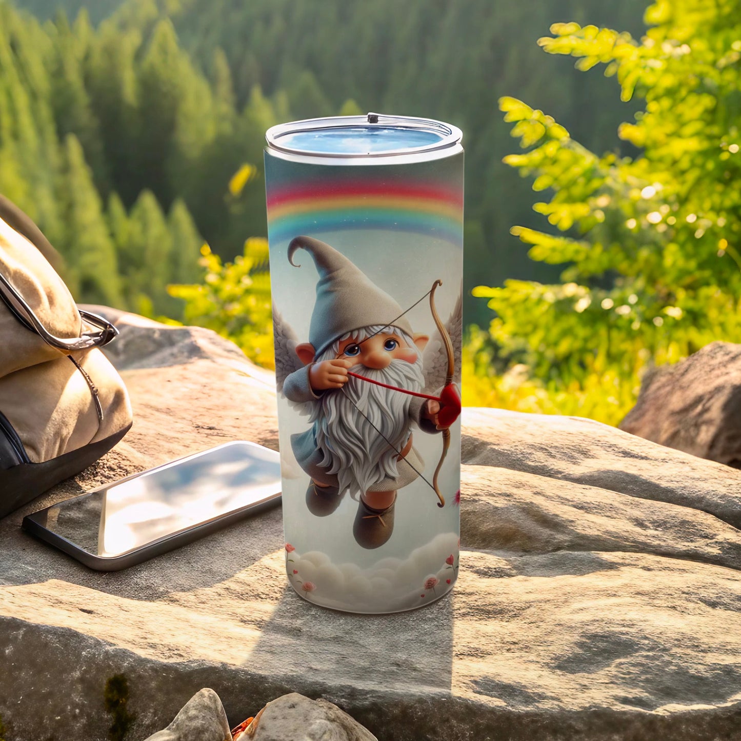 Rainbow Gnome with Bow and Arrow Travel Mug