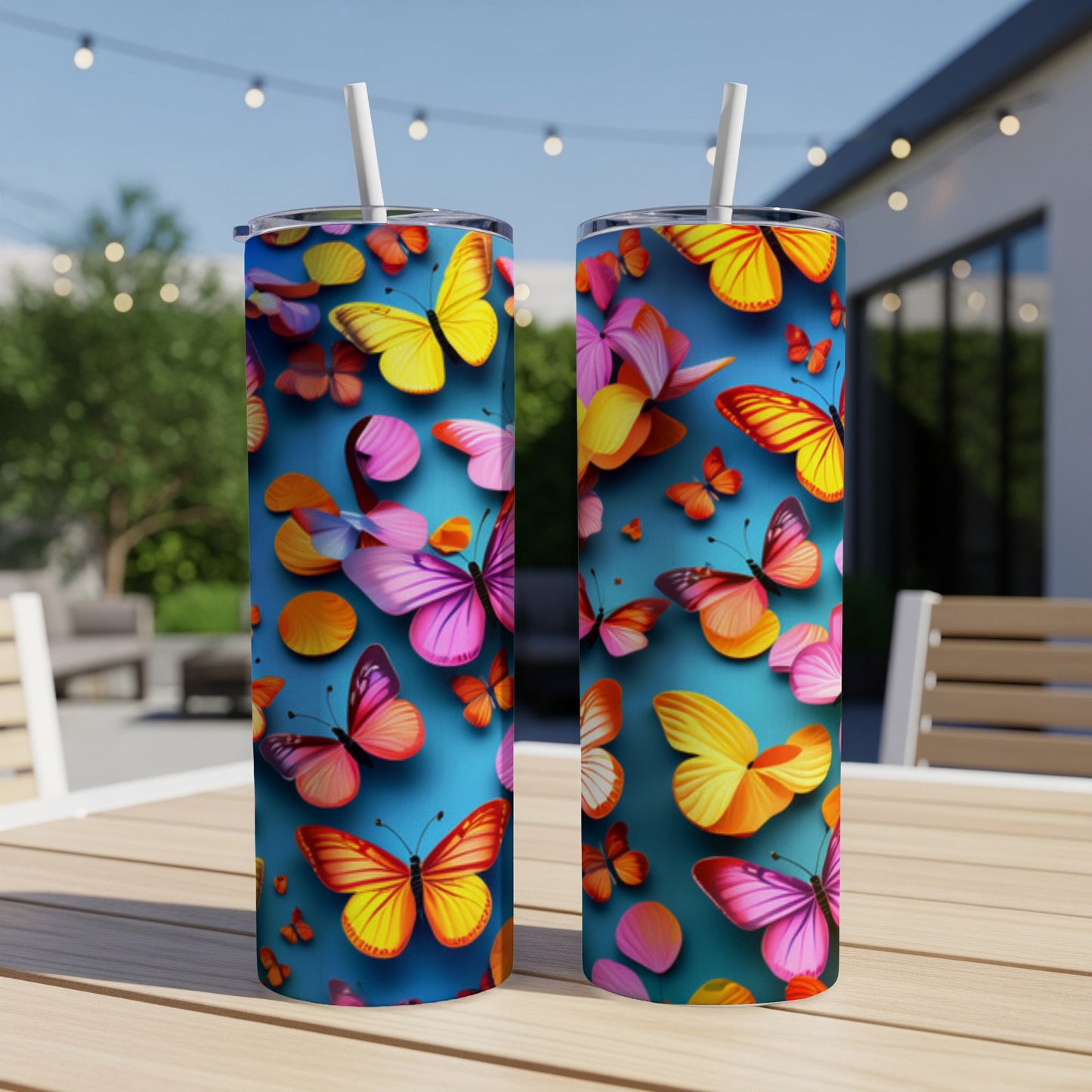 Two blue tumblers with colorful butterflies and flower petals.