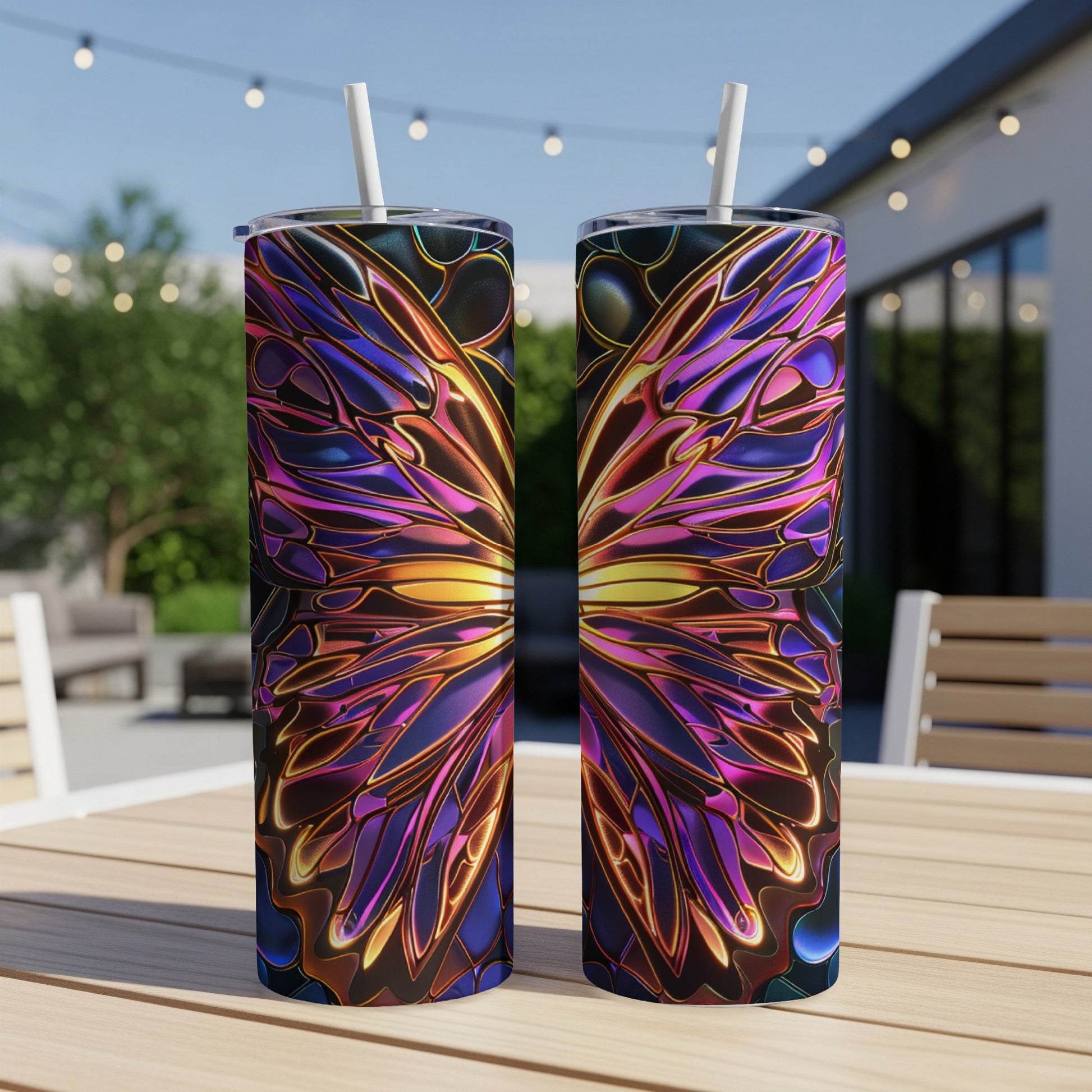 Two tumblers with a stained-glass butterfly wing design.