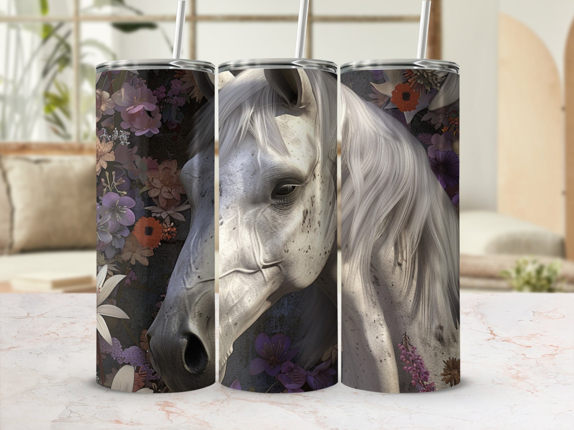 White horse head with floral accents on a tumbler.