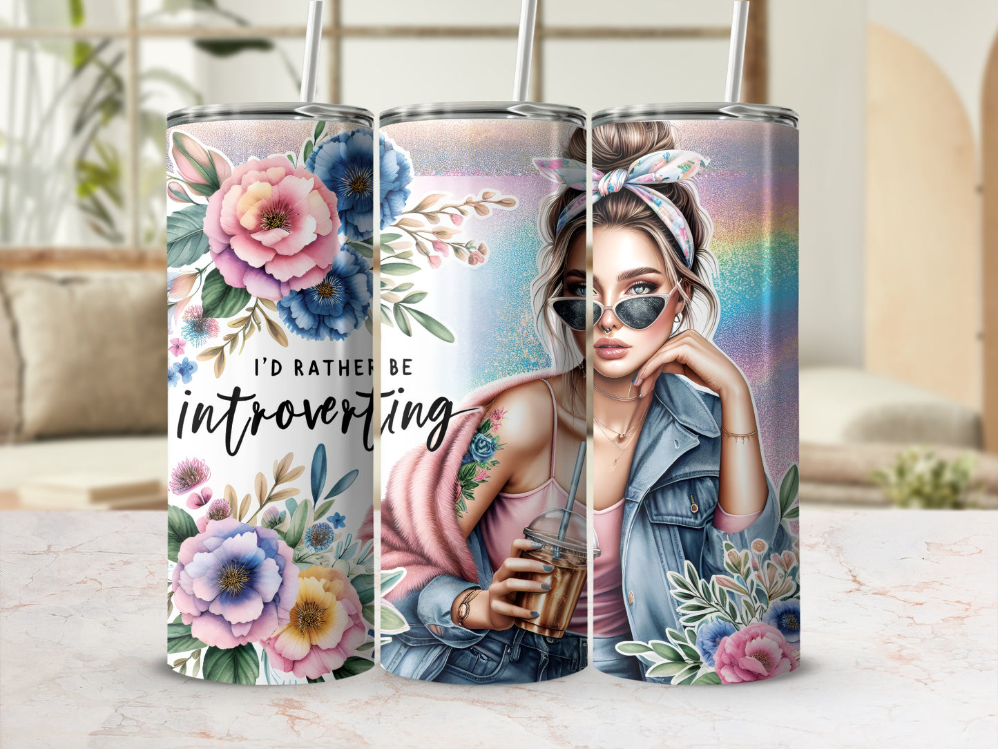 Tumbler with woman and floral design, "I'd Rather Be Introverting" text.
