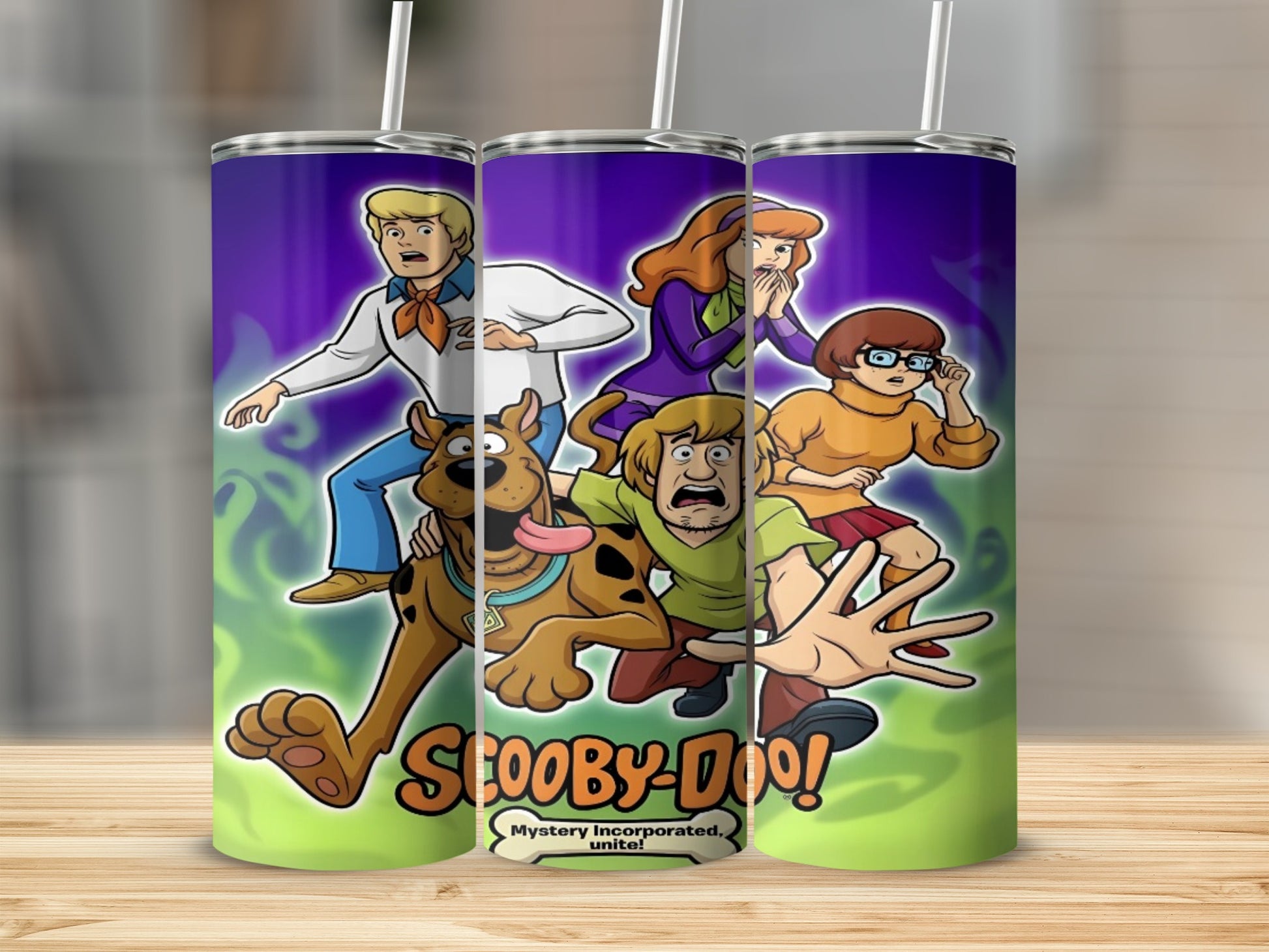 Scooby-Doo characters Scooby and Shaggy, Fred, Daphne, and Velma against purple and green smoky background.