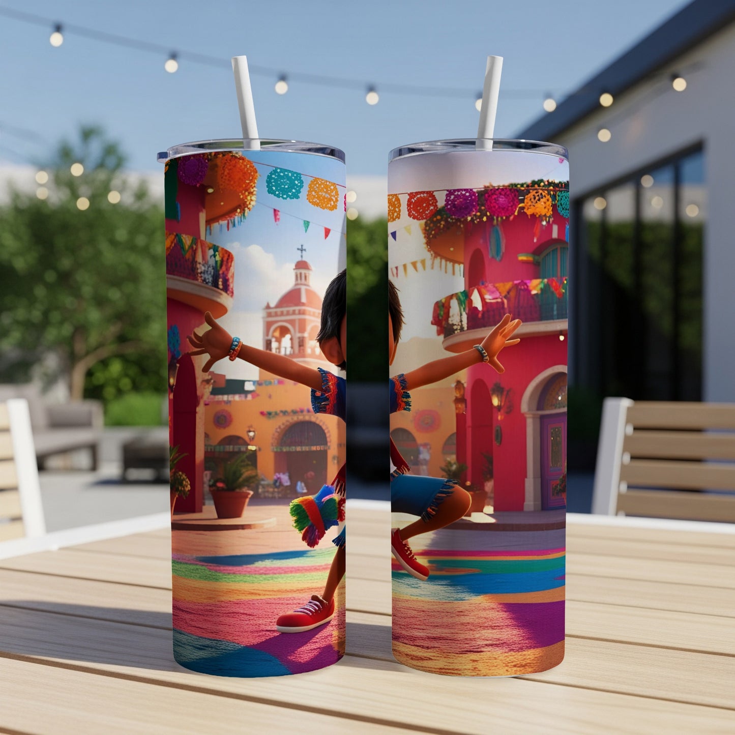 Two tumblers with colorful cartoon characters dancing on a street.