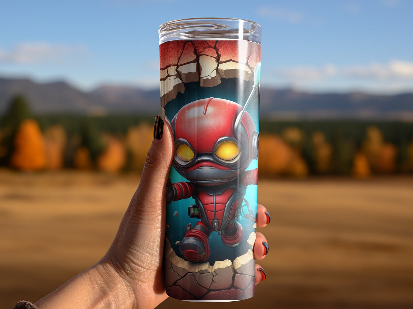 Futuristic Character Design on Unique Beverage Tumbler
