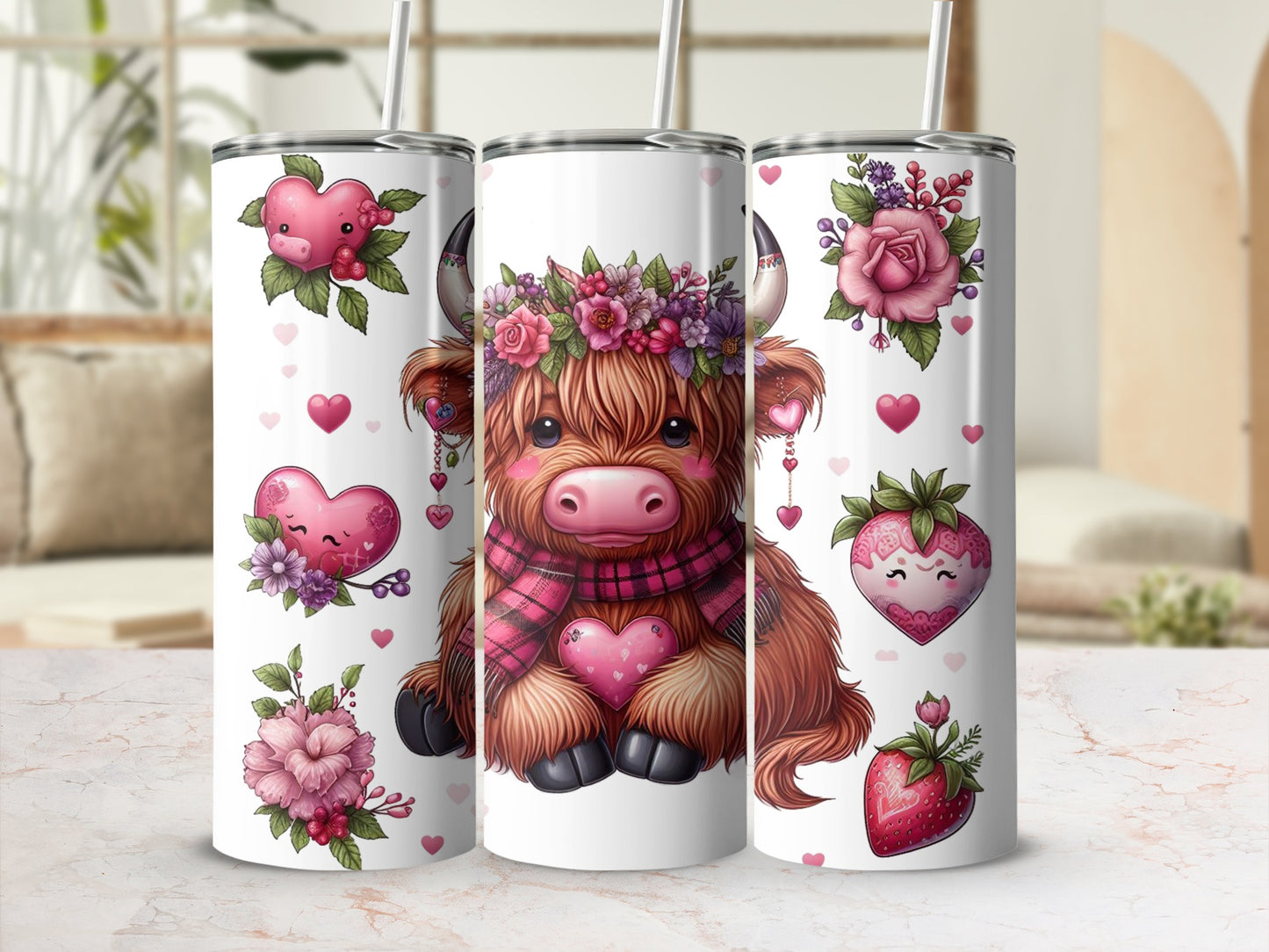 Highland cow with floral crown and hearts, on a skinny tumbler.