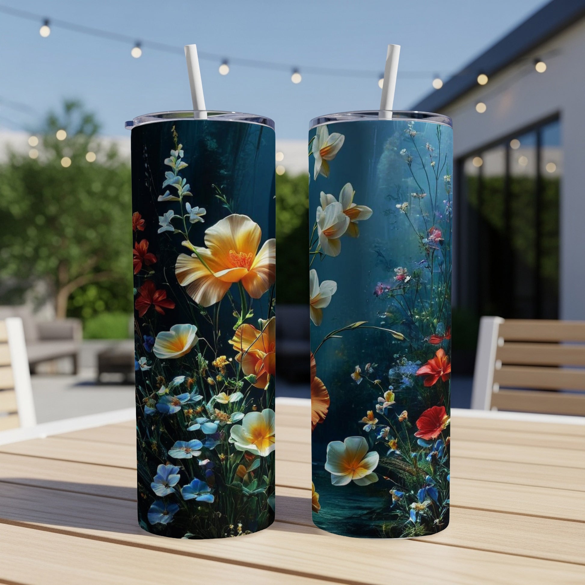 Two floral tumblers with vibrant flowers and straws on a table.