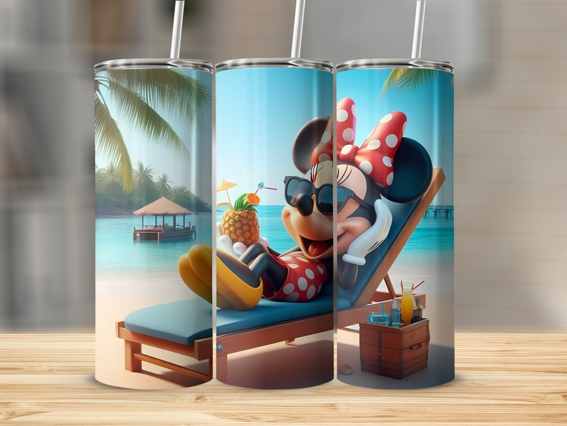 Minnie Mouse Relaxing Beach Scene Travel Tumbler