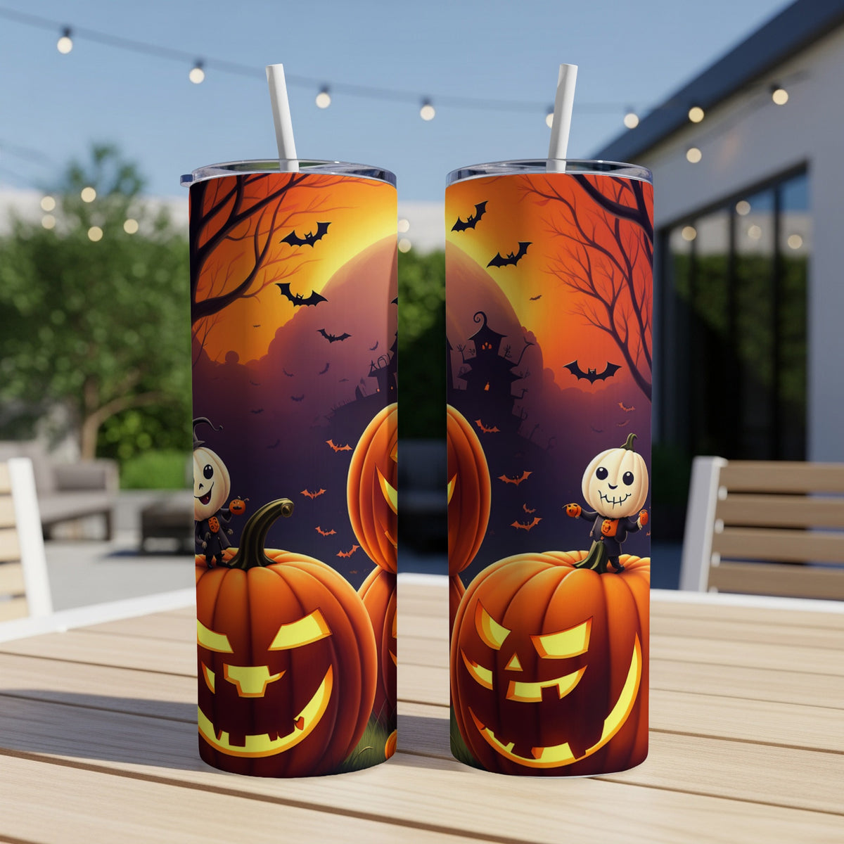Two Halloween-themed tumblers with jack-o'-lanterns and spooky bats.