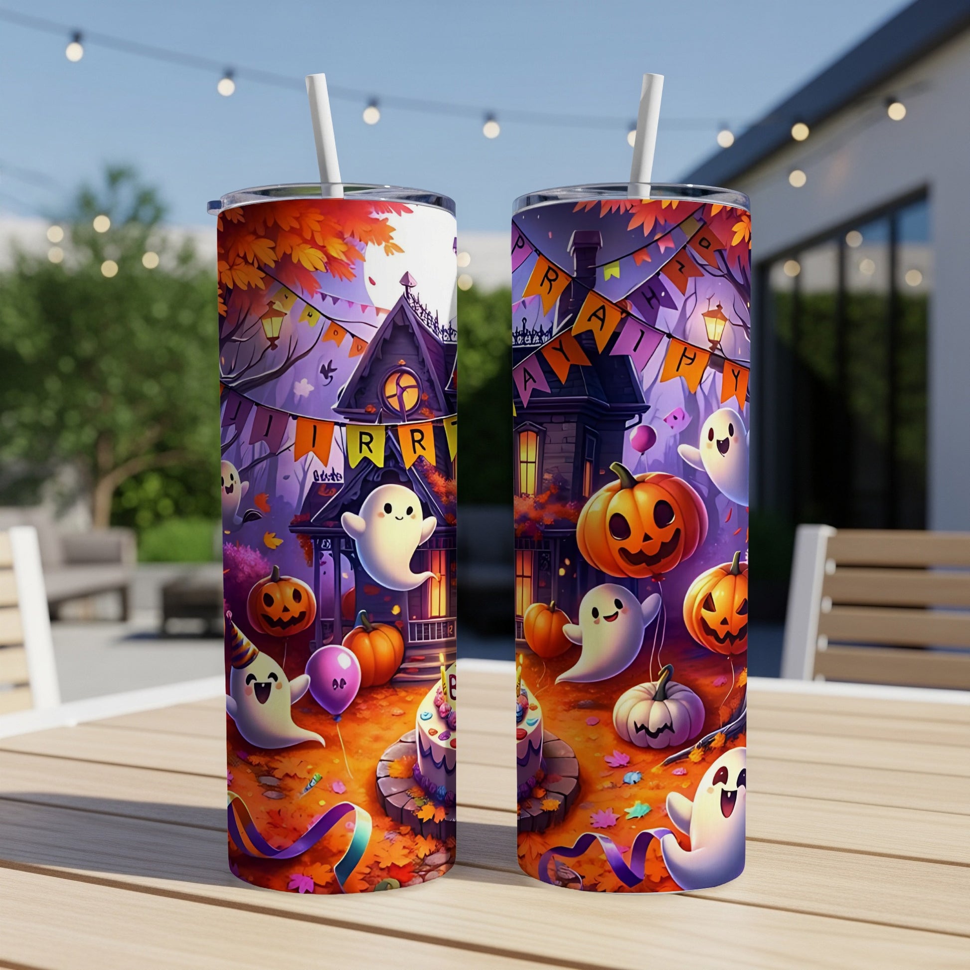 Two tumblers featuring a Halloween scene with ghosts, pumpkins, and banners.
