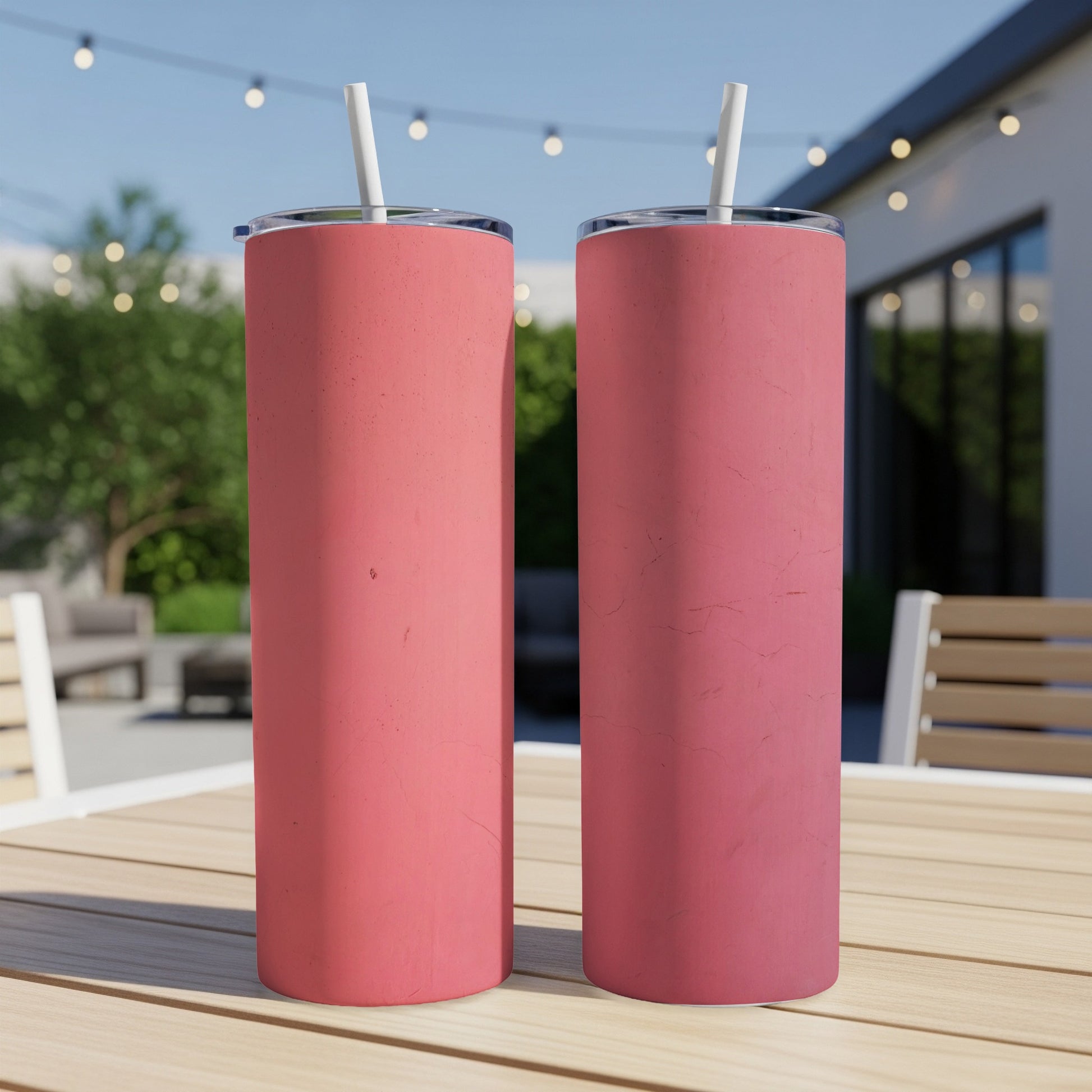 Two pink, textured tumblers with straws sit on a wooden table outdoors.