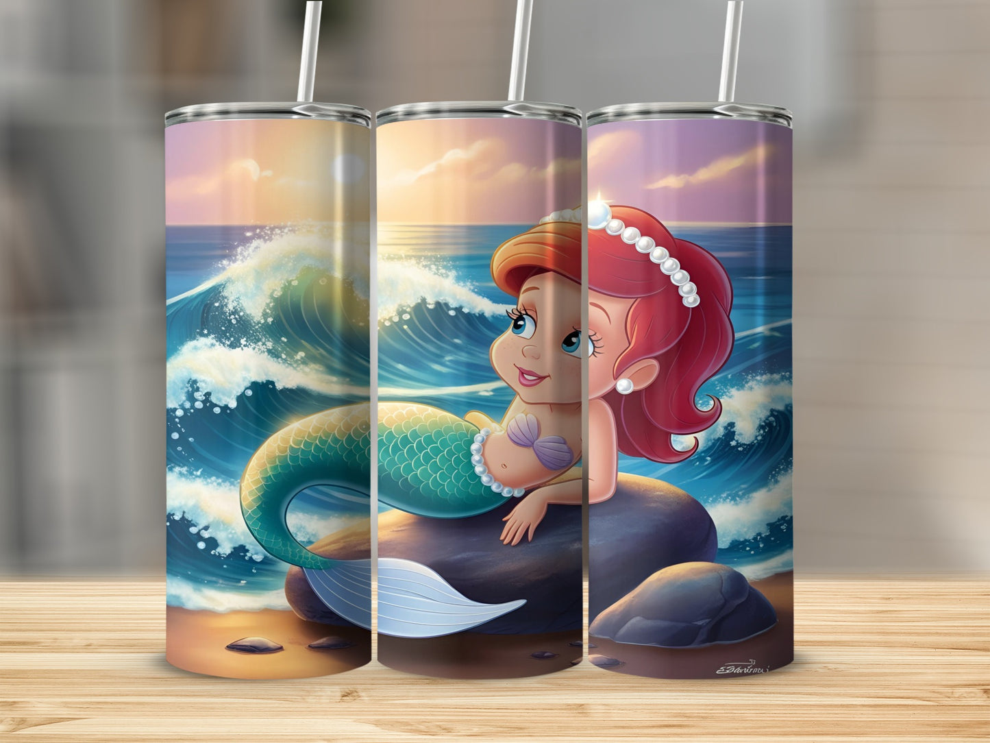 Ariel mermaid on a rock, waves, pearls, and beach.