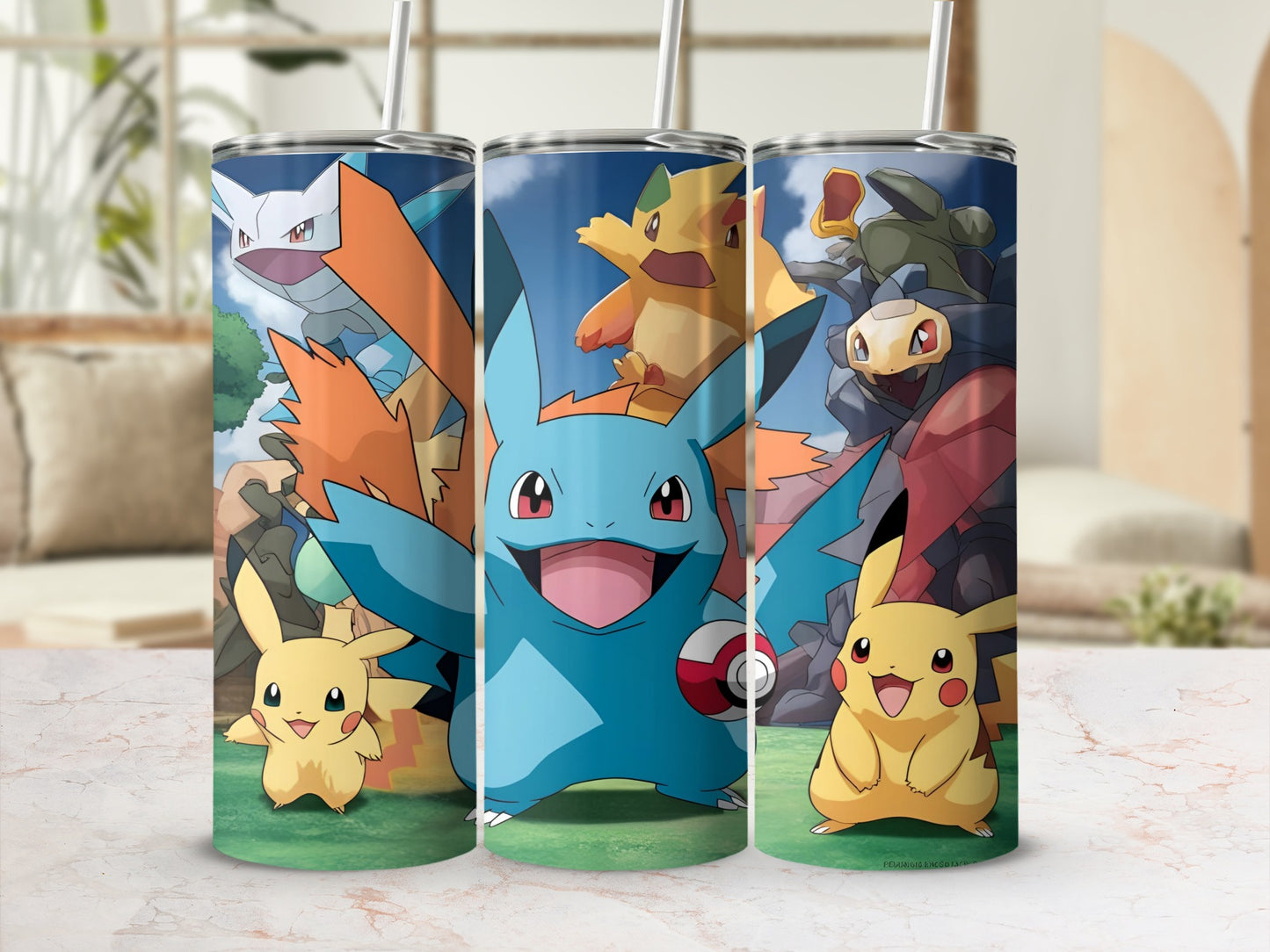 Pikachu and Mudkip characters from Pokemon on a blue tumbler.