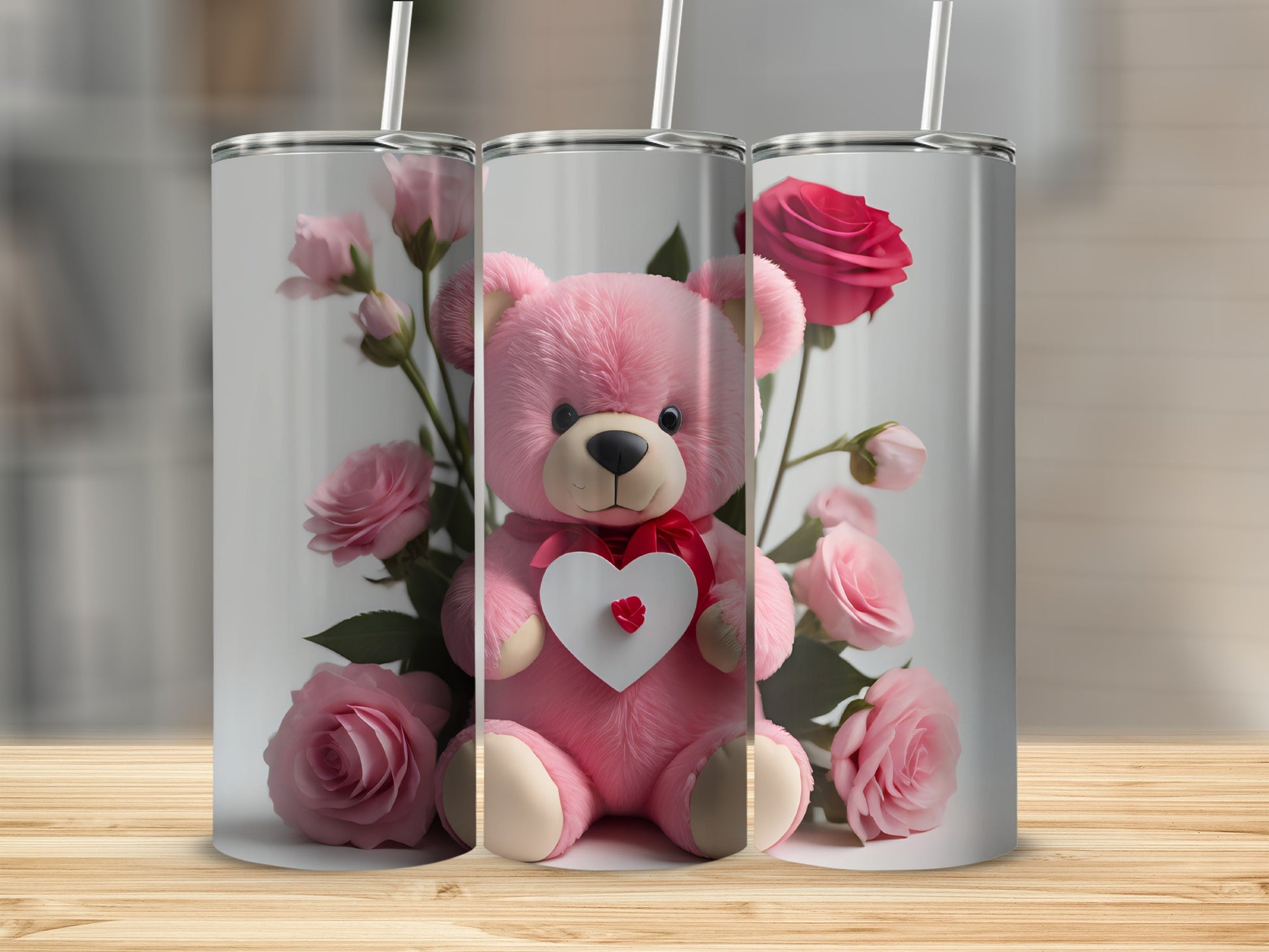 Pink Teddy Bear and Roses Design Tumbler Cup