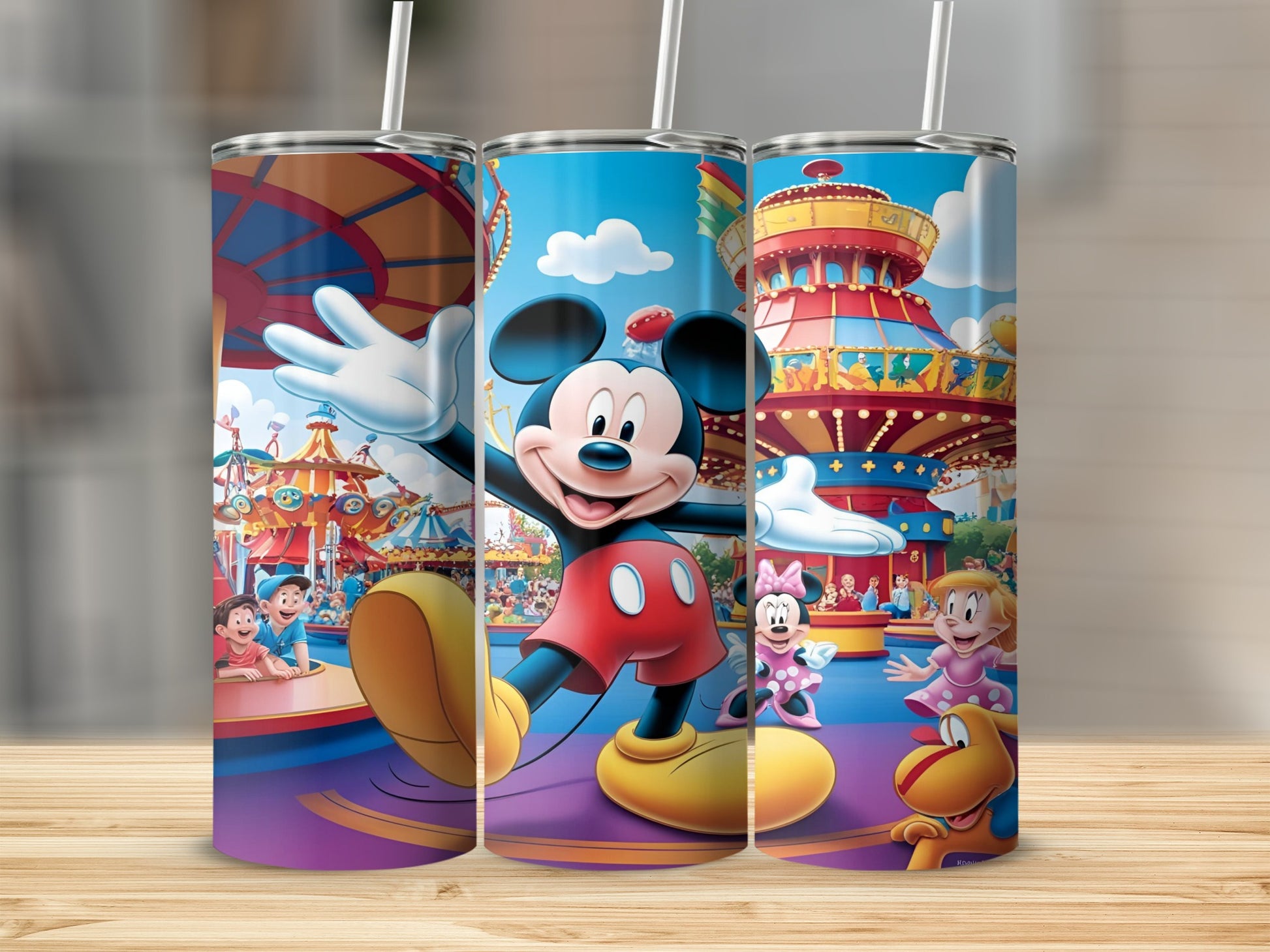 Mickey Mouse and friends at an amusement park, featuring a carousel and colorful rides.