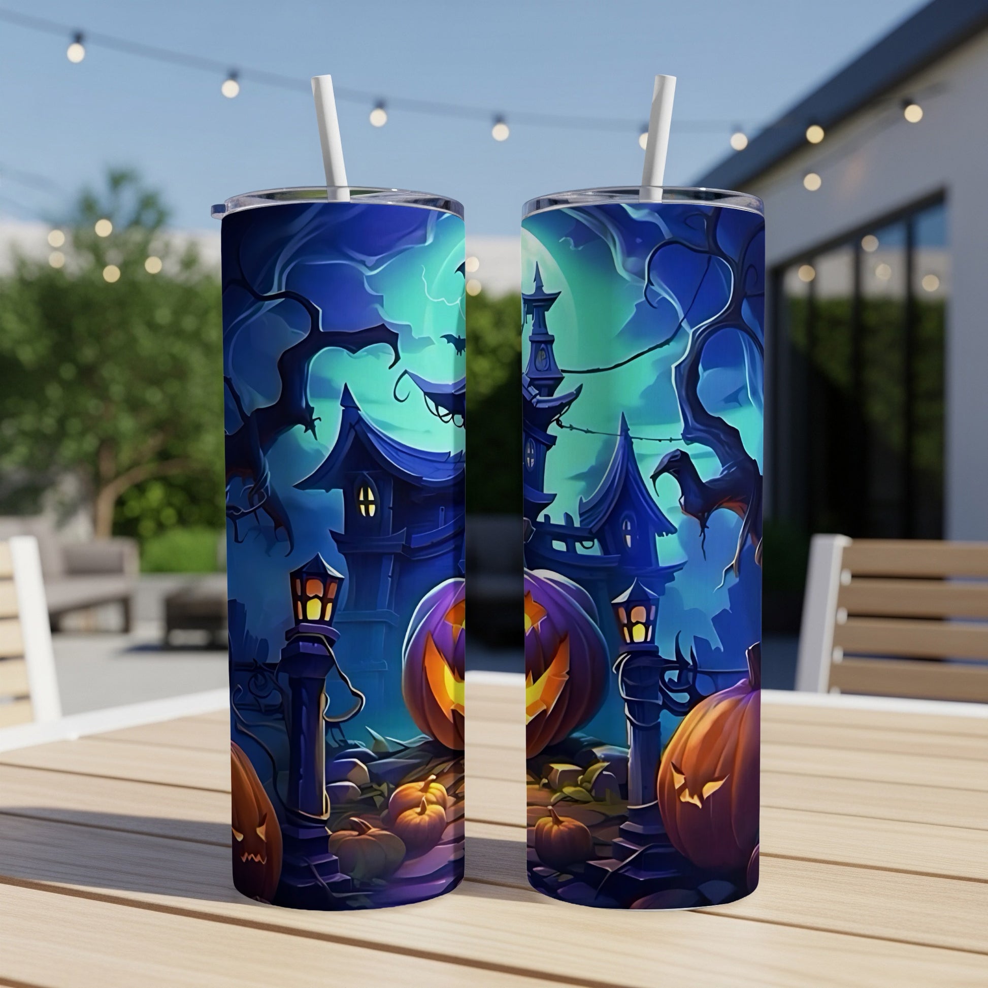 Two tumblers with a Halloween theme featuring spooky houses and jack-o'-lanterns.