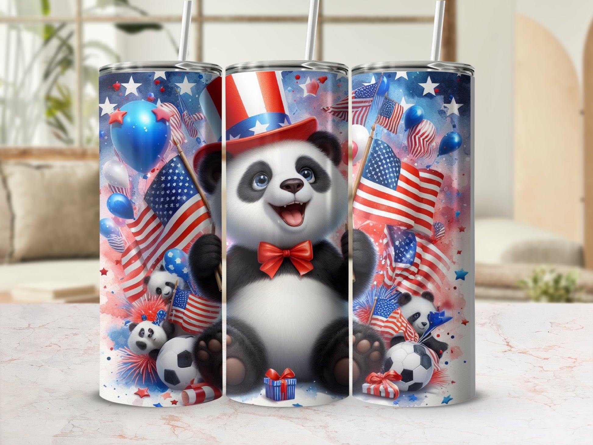 Panda in patriotic hat with American flags, balloons, and fireworks.