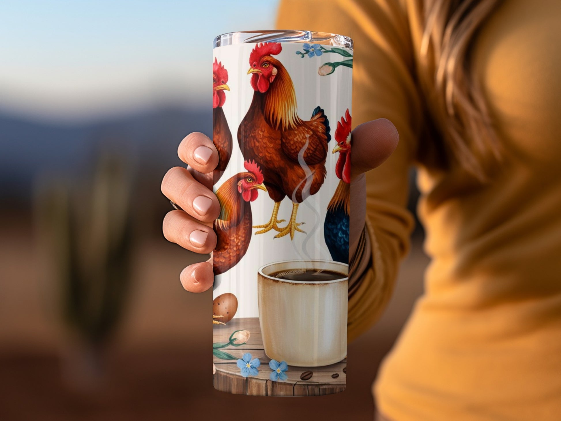 Colorful Rooster and Coffee Artwork Travel Mug