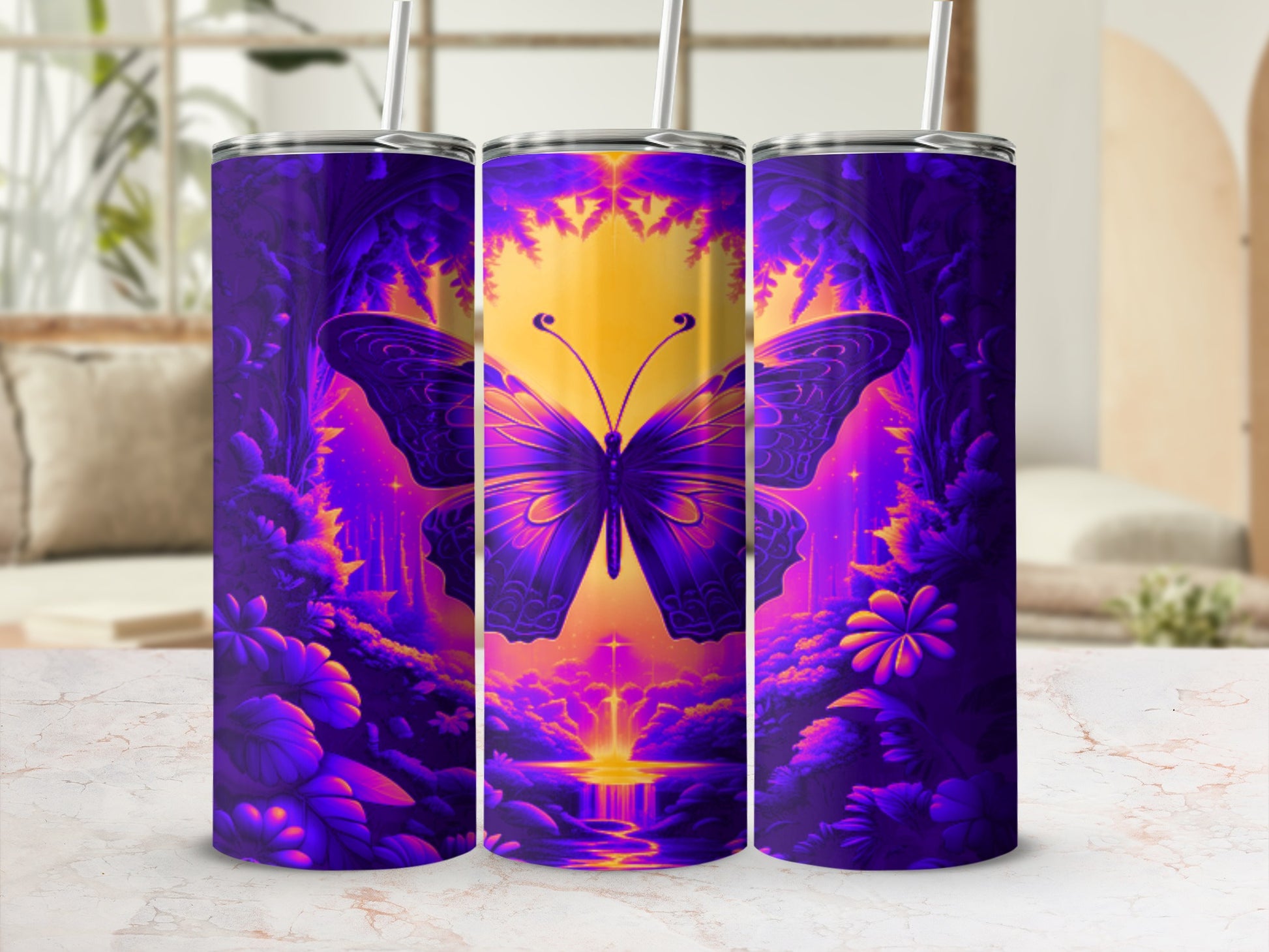 Purple butterfly in vibrant landscape on three tumblers.